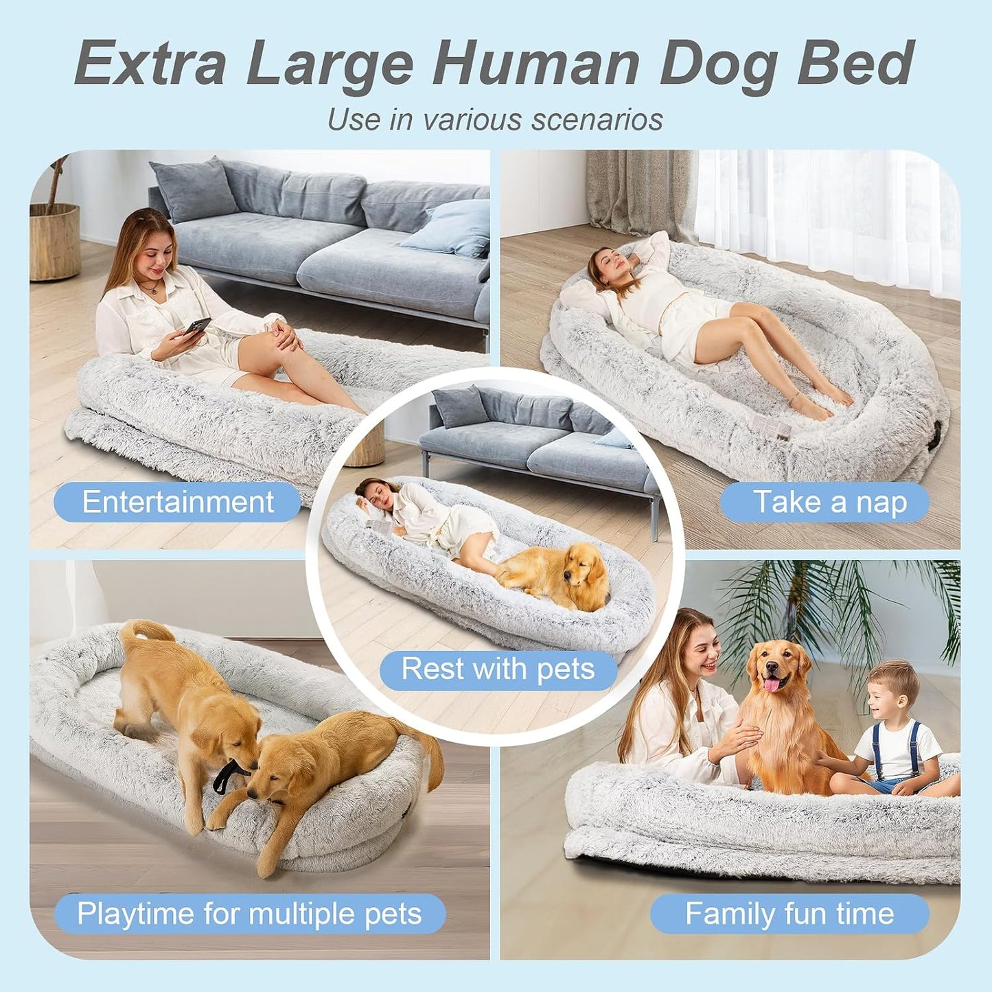 Human Dog Bed XL 79"x44"x12.5" - Shared Orthopedic Dog Bed for Adults & Pets, Large Size Faux Fur Pet Bed, Removable Washable Cover, Light Grey