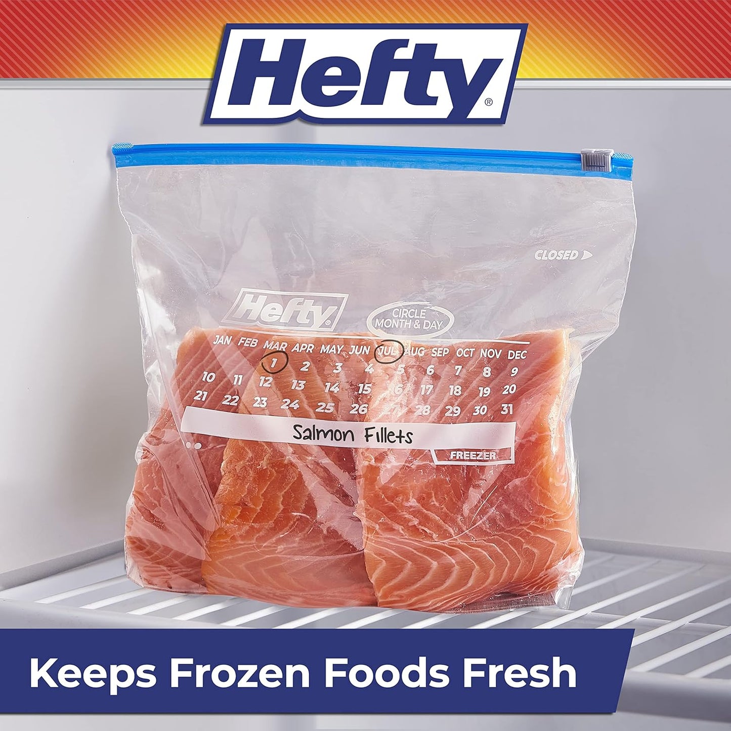 Hefty Calendar Slider Gallon Freezer Bags, 25 Count (Pack of 4), Gallon Slider Bags for Freezer with Calendar Dates, Holds Raw Meat, Soups, Fruits and Veggies, and More, Secure Zip and Click Closure