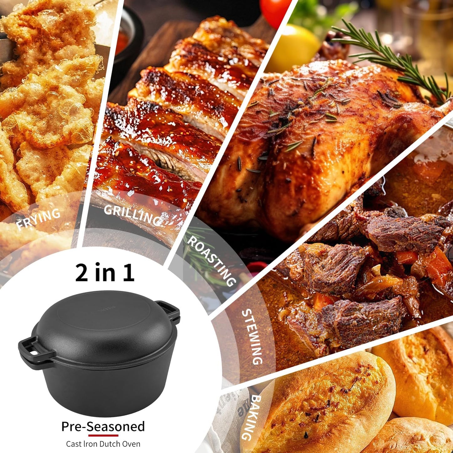 2-in-1 Pre-Seasoned Cast Iron Dutch Oven with Skillet Lid,Oven,Grill,Campfire&Stovetop Safe,Durable Black Cookware Sets with Dual Handles,Cast Iron Skillets for Sourdough Bread baking,Frying,Camping,BBQ,5QT