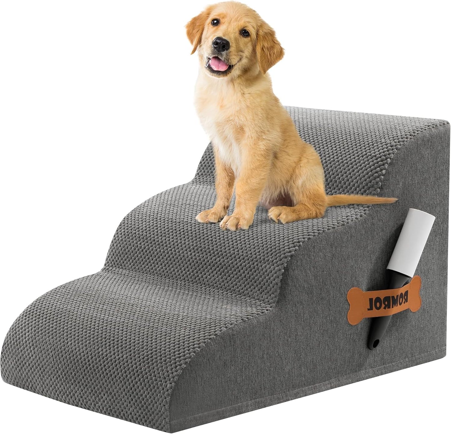 Romrol Dog Stairs Ramp for Small Dogs, 33D Pet Stairs Steps with Durable Non-Slip Waterproof Fabric Cover, Dog Slope Stairs to Bed for Small Dogs and Cats or Pets Joints, 3-Steps