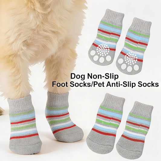Comfortable Anti-Slip Pet Socks, Pet Foot Covers (4 Pcs) for Cats & Dogs, Breathable Cute Pet Paw Protectors for Indoor & Outdoor Use(Grey-Stripes, M)