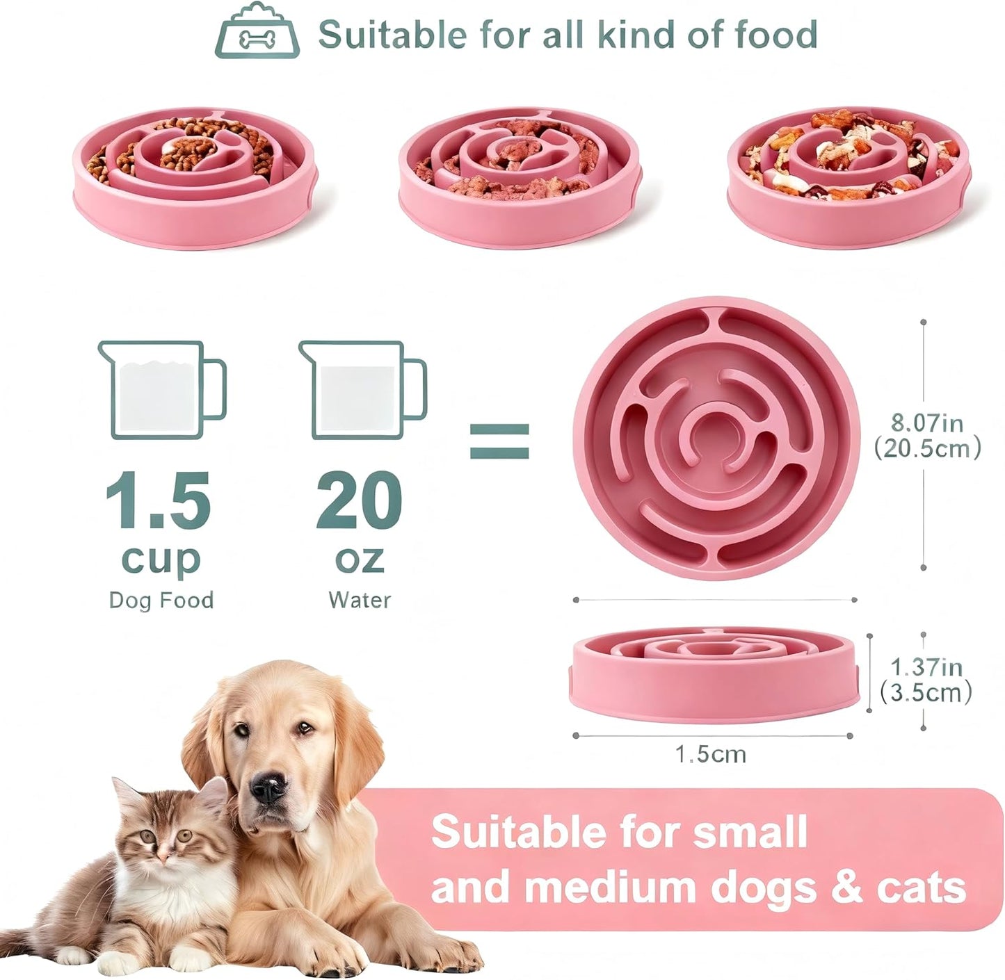 Pet Slow Feeder Bowl - Anti-Choking Maze Design, Universal for Dogs & Cats, Anti-Slip & Anti-Tip (Bowl-Pink)