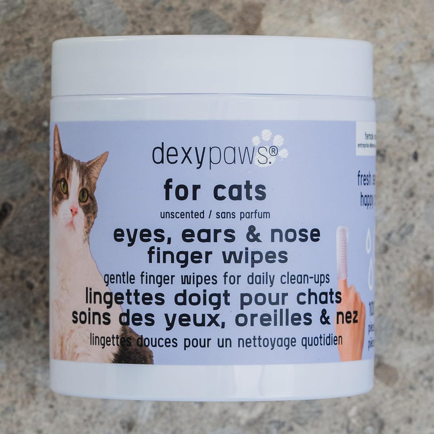 Eyes, Ears & Nose Finger Wipes - Cat - 100ct Soft Cleansing Wipes, Unscented, Pet Safe, Daily Grooming & Care, Control Design, Pre-Moistened