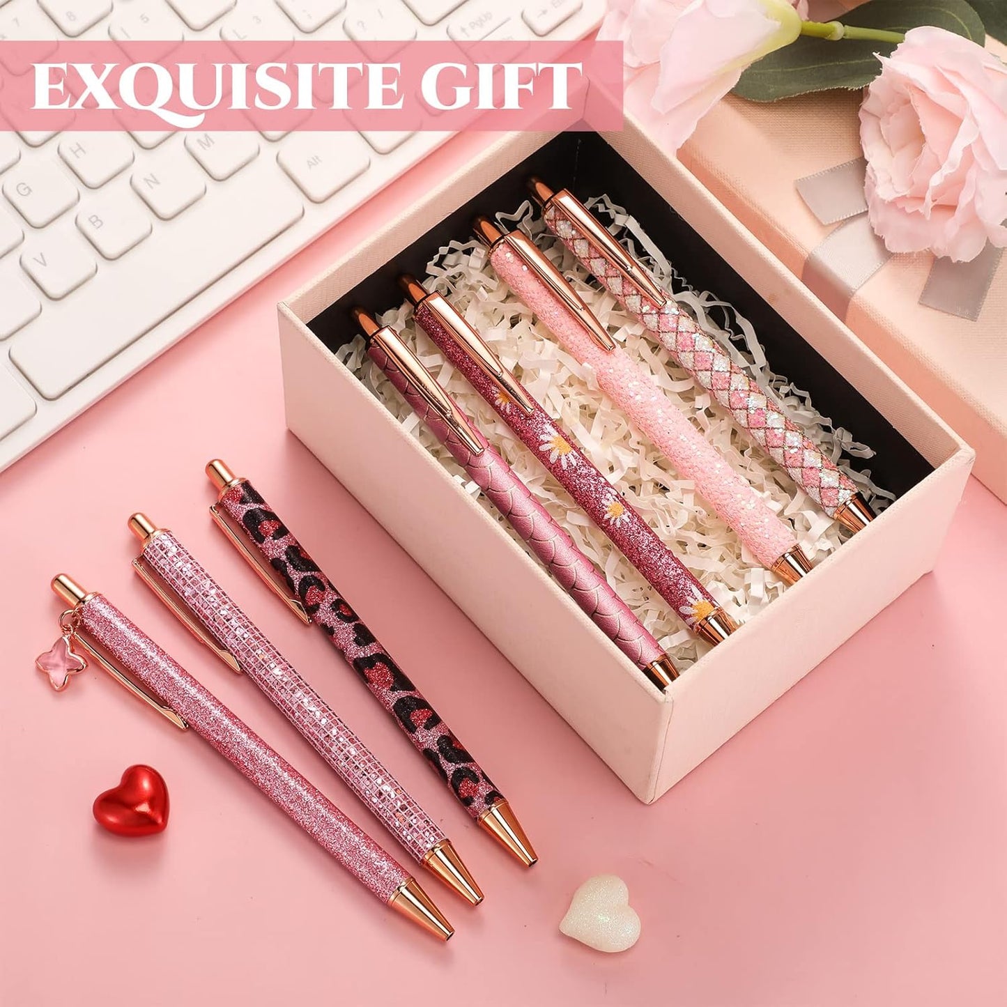 Sherr 7 Pcs Fancy Pens for Women Cute Sparkly Glitter Pens with 10 Pcs Black Ink Refills Pretty Gifts for Girls Office School Christmas Graduation(Cute)