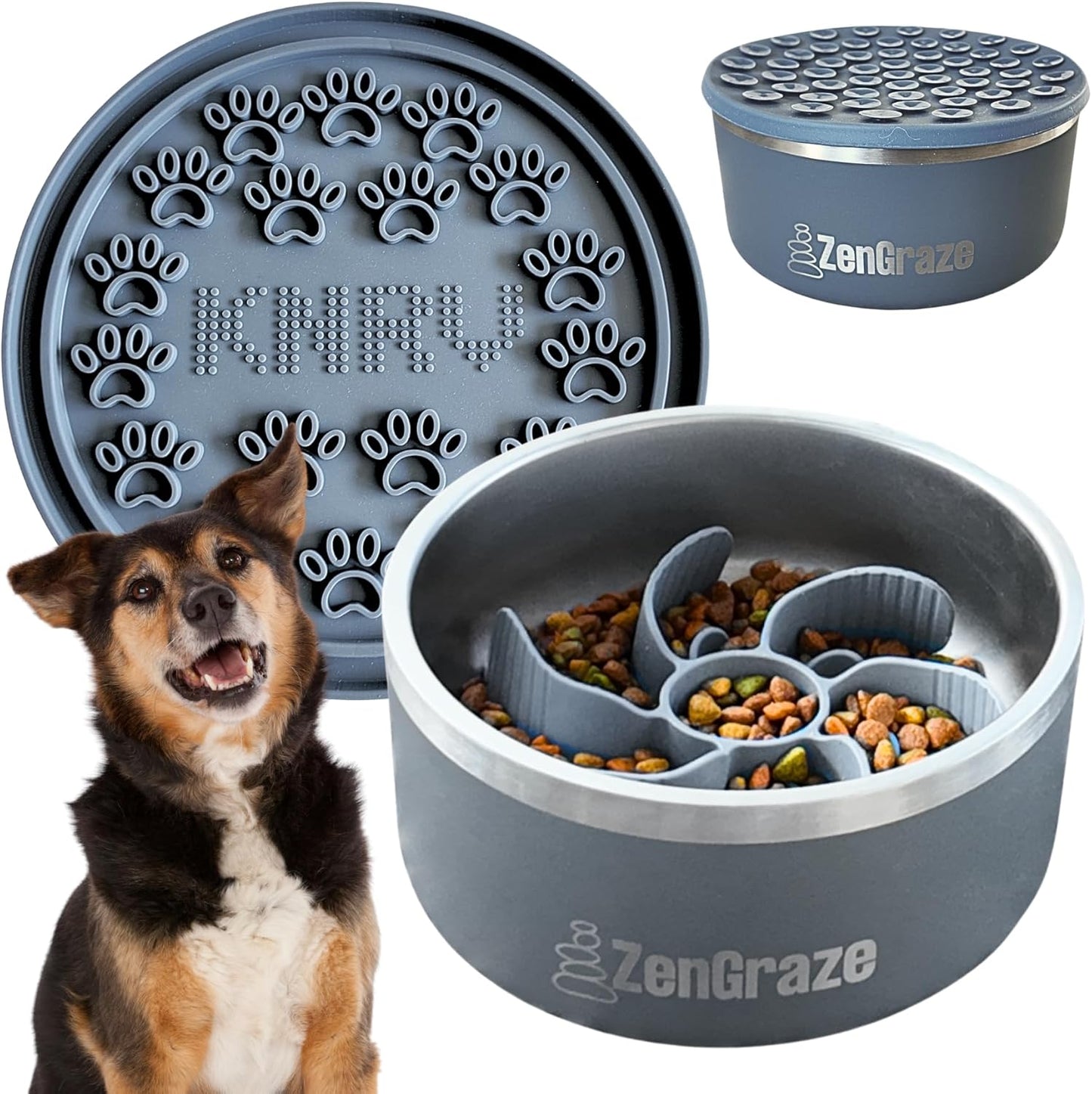 Stainless Steel Slow Feeder Dog Bowl for Large Dogs | 64 oz, Non-Slip Base with Textured Lick Mat Lid & Silicone Slow Feeder Insert β Deep Anti-Gulp Metal Puzzle Bowl for Large Breeds (Steel Gray)