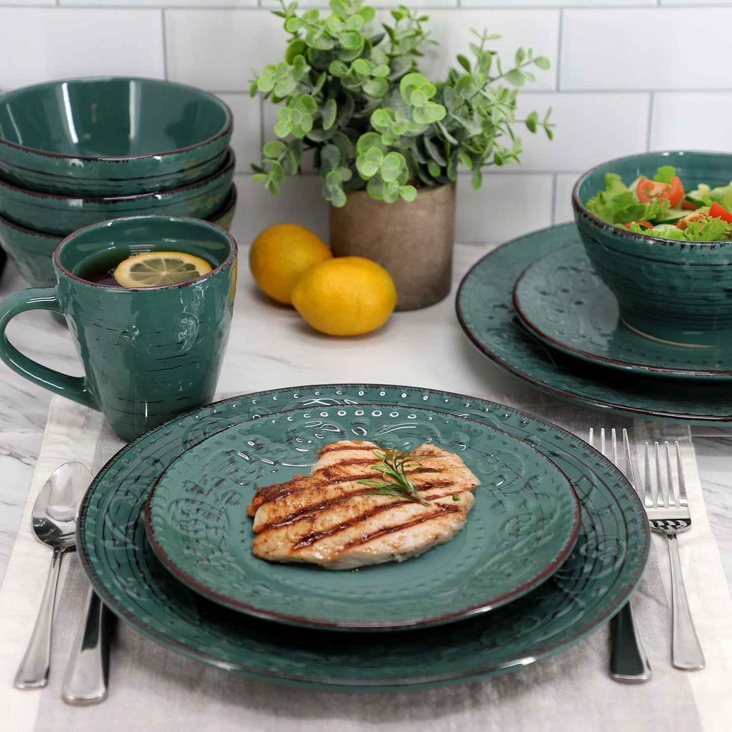 Elama Malibu Sea Glass 16-Piece Stoneware Embossed Pattern Reactive Glaze Dark Green Dinnerware Set, Tableware, Serveware Set (Sea Glass Green)