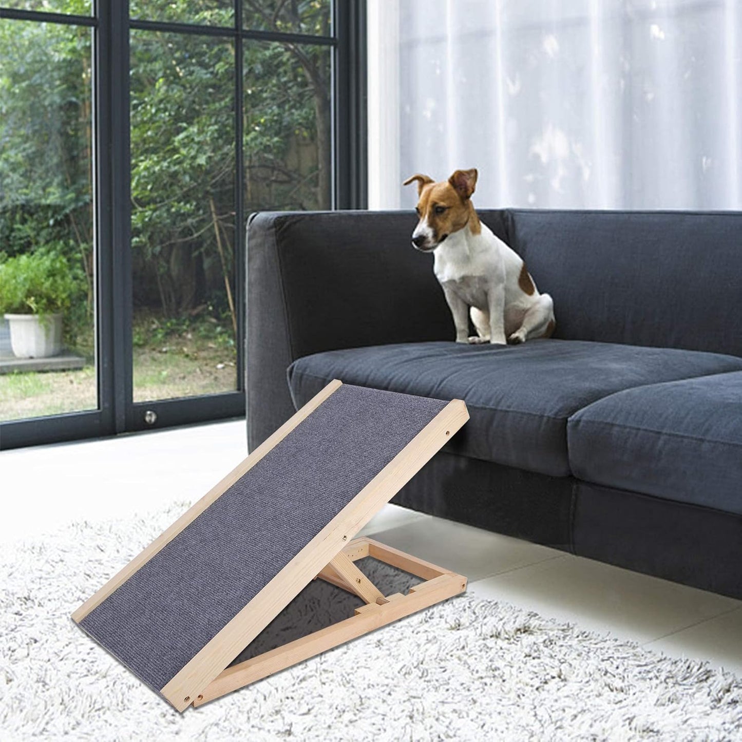 Wooden Pet Ramp for Dogs and Cats, Dog Ramp Height Adjust from 11.8 inches to 15.7 inches with Non Slip Carpet Surface, Supports up to 110lb Great for Older Animals (NO Side Rails)