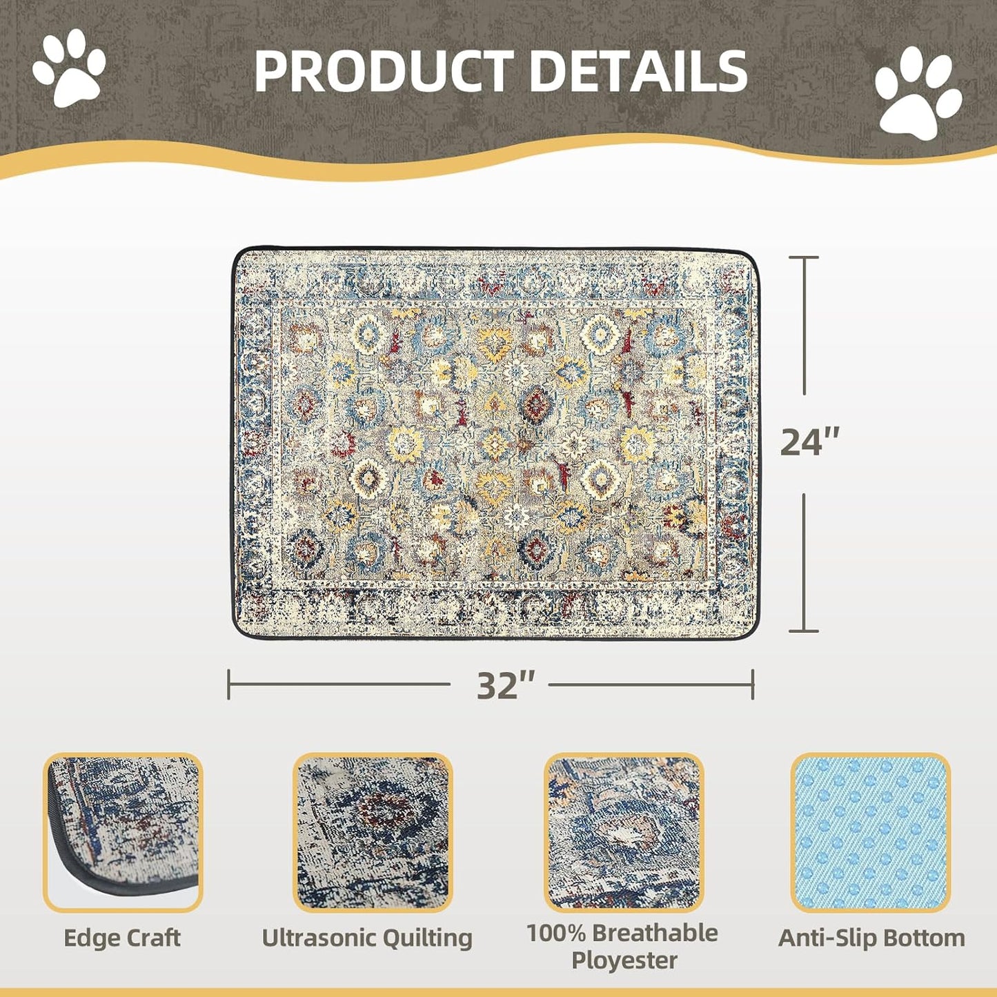 Washable Pee Pad for Dogs, 32" x 24" Reusable Puppy Pads Waterproof Dog Rugs, Super Absorbent, Leakproof, Dog Crate Pad, Playpen Mat, Whelping Pads, Vintage