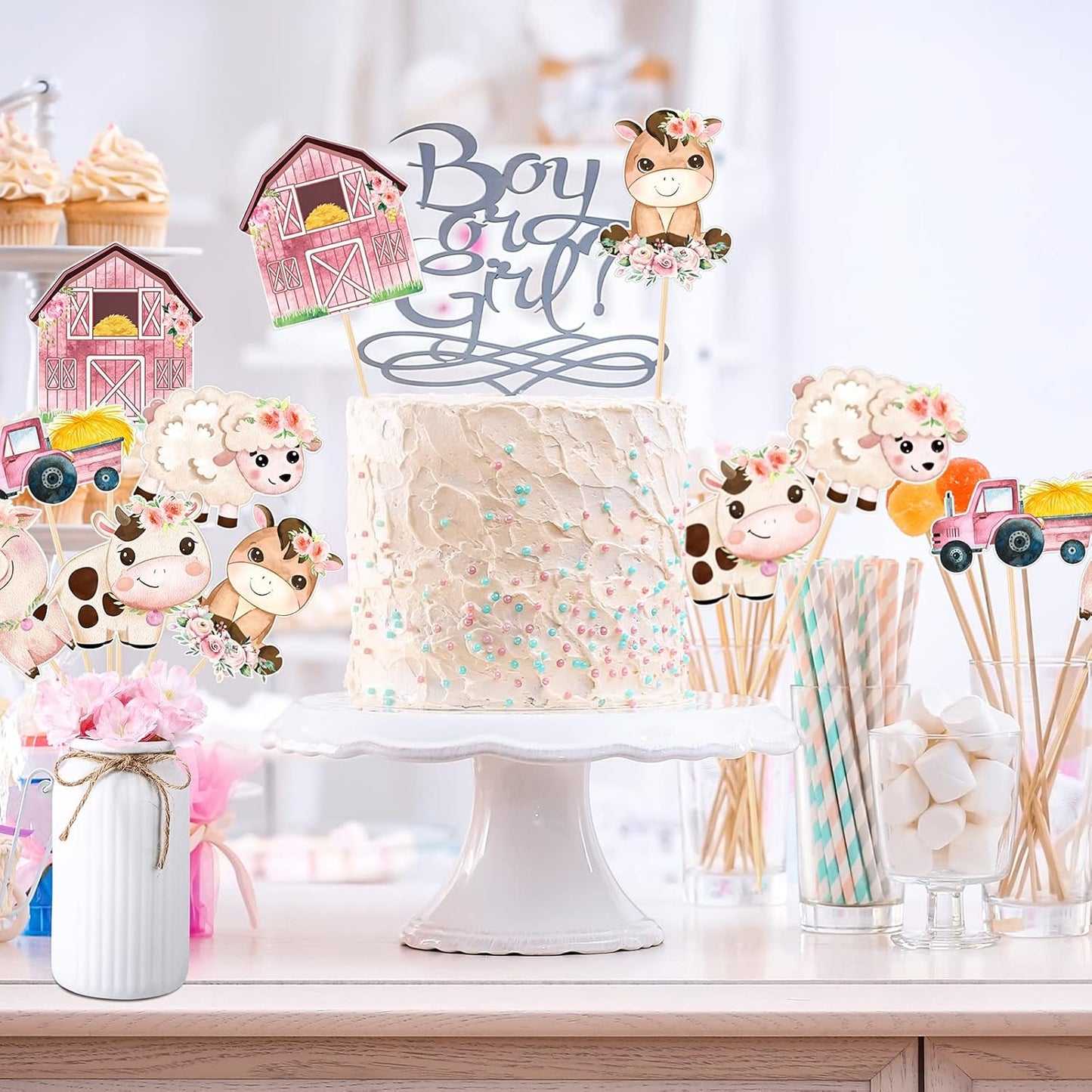 Hotop 30 Pcs Farm Animal Centerpiece Sticks Floral Animals Table Toppers Birthday Party Supplies Decor for Girls Theme Topper Photo Booth Props
