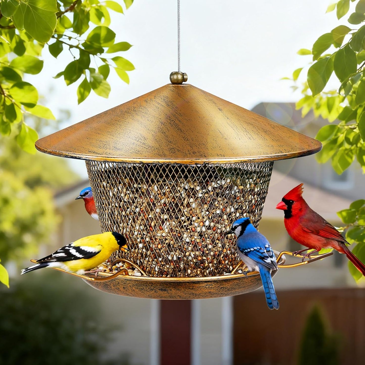 Bird Feeder for Outdoor Hanging, All Metal Weatherproof Wild Bird Feeder with 9.8" Roof, 3.5 LBs Seeds Capacity, Easy to Clean & Refill