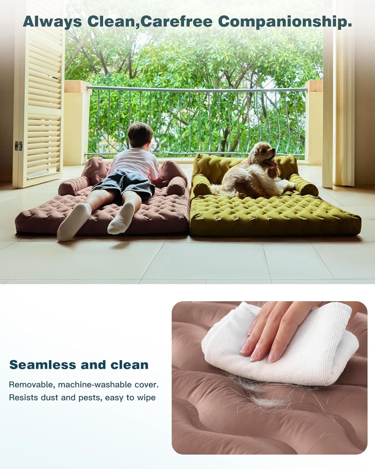 Orthopedic Memory Foam Dog Sofa Bed, Foldable Pet Couch Bed, Cooling Fabri & Removeable Cover, Beige,30"x40"x16"