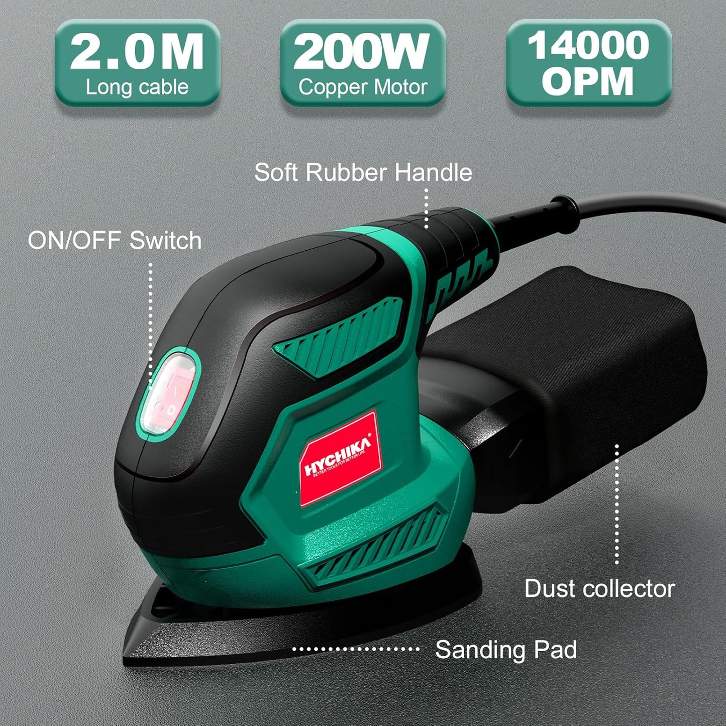 HYCHIKA Detail Sander, 14,000 OPM Compact Electric Sander Tool with 12 Pcs Sandpapers,Efficiency Dust Collection System,Suitable for Tight Spaces Sanding,Polishing,Removing Paint in Home Decoration