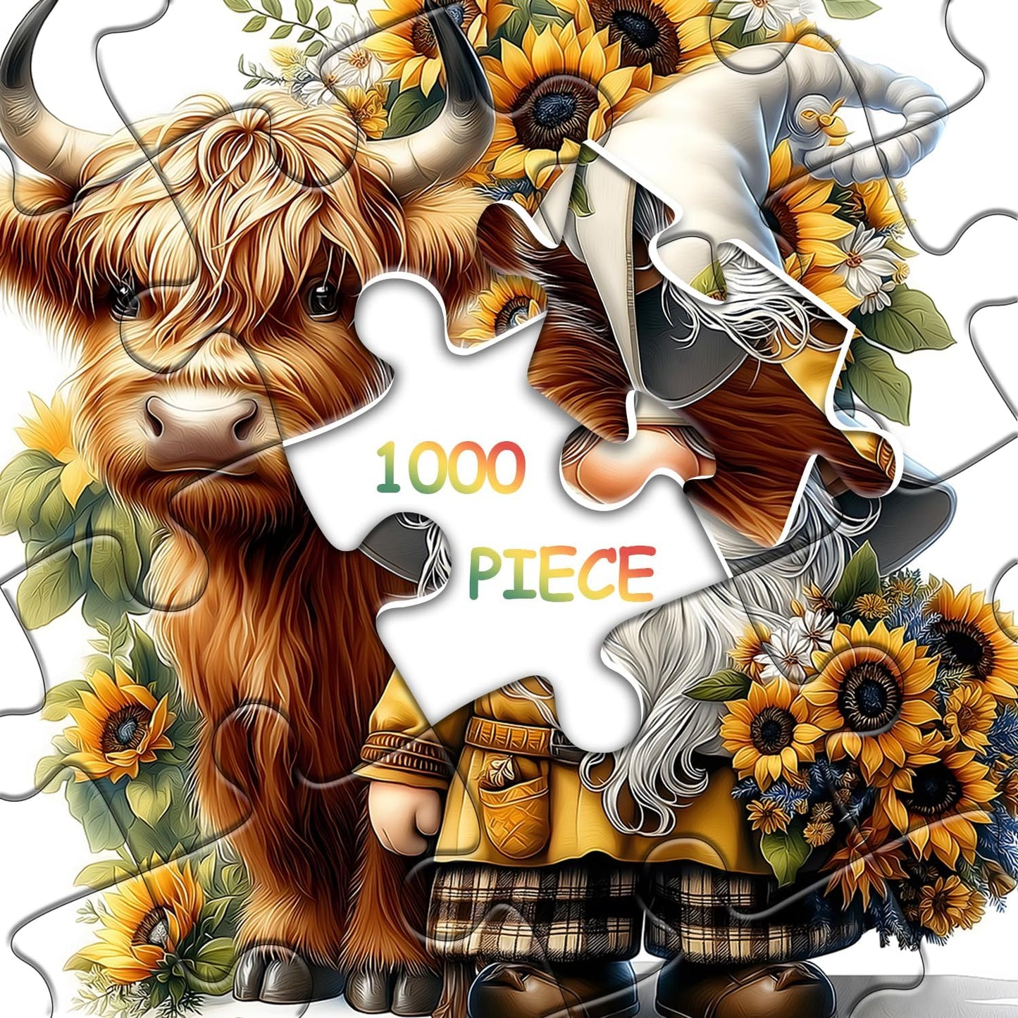 Highland Cow Gnome Puzzles for Adults 1000 Pieces, Nature Sunflower and Cow Puzzles, Animal Plant Floral Themed Jigsaw Puzzles Challenging for Adults