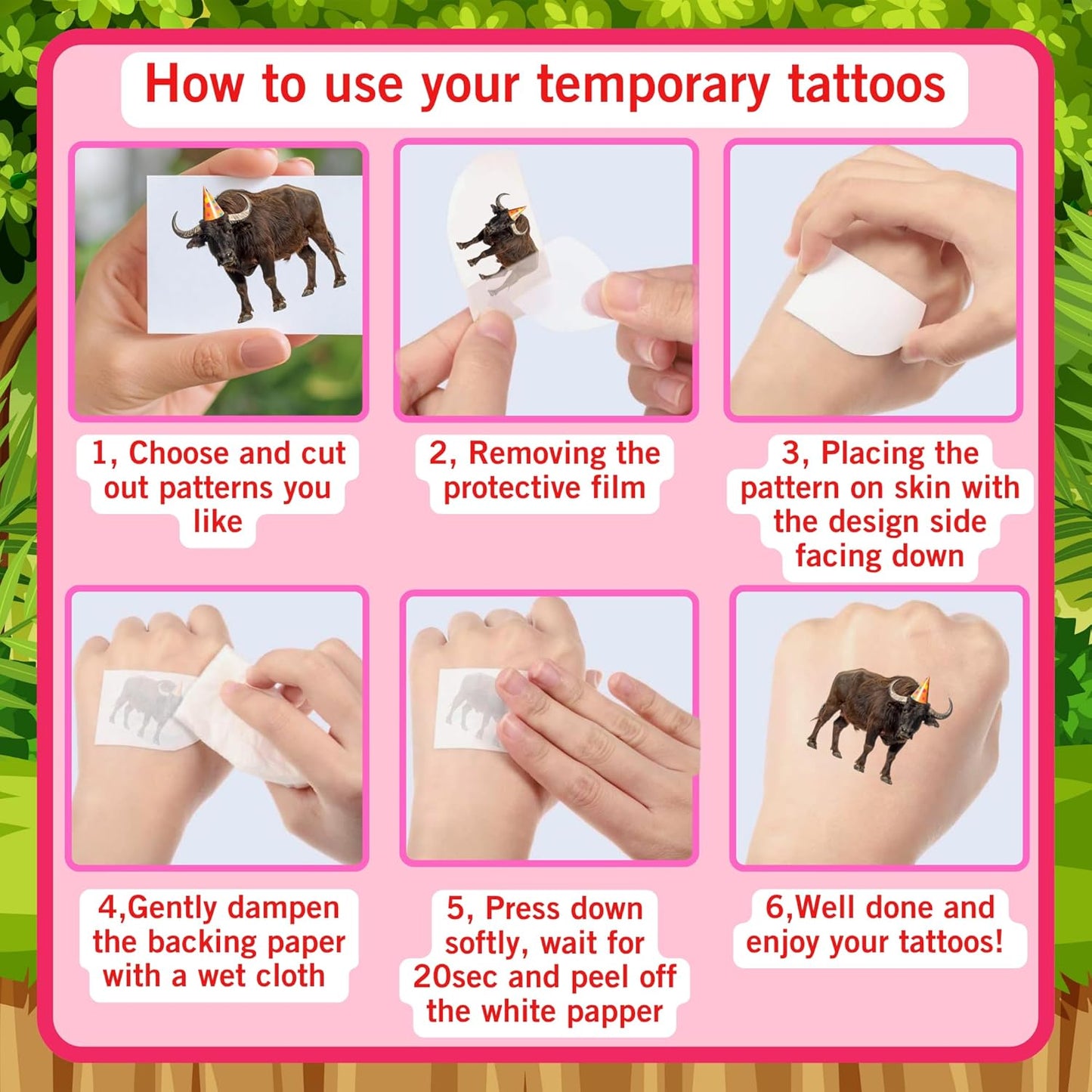 Jungle Animal Temporary Tattoos | Wildlife Animal Themed Birthday Party Decorations Zoo Party Favors Supplies Accessories Stickers Decor Gift Idea For Kids Adult Teen Boy Girl