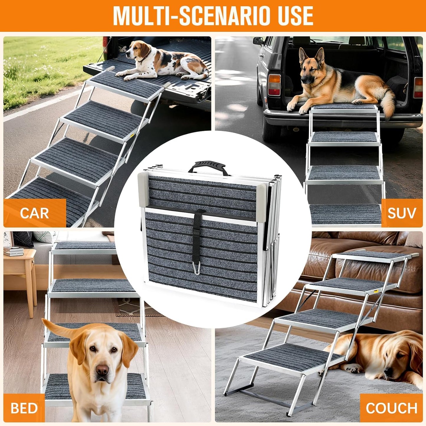 Dog Stairs for Large Dogs - 20" Extra Wide 4-Step Foldable Dog Ramp for Car/SUV/Truck & High Beds - Supports Large Dogs up to 200Lbs