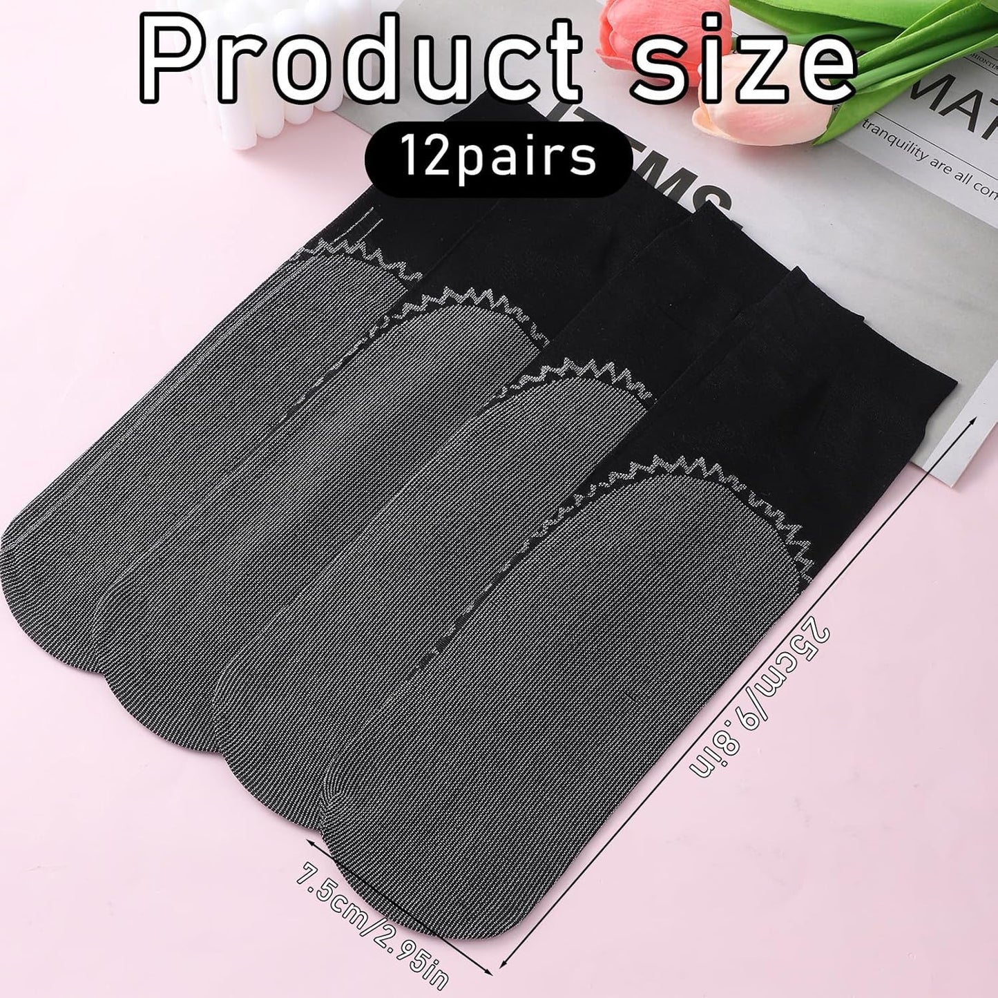 12 Pairs Nylon Socks for Women, Sheer Socks Sheer Ankle High Tights Hosiery Sock Antil-Slip Ankle High Nylons for Women(Black,Black)
