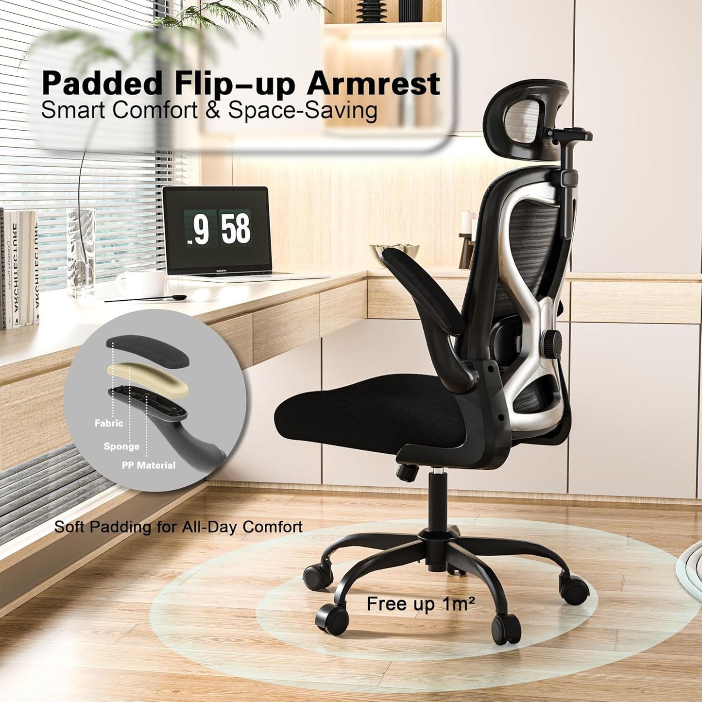 Ergonomic Office Chair, Mesh Desk Chair with Headrest, Lumbar Support, Thick Seat Cushion, Flip-up Arms, High Back Computer Task Chairs for Home Office, Black/Silver