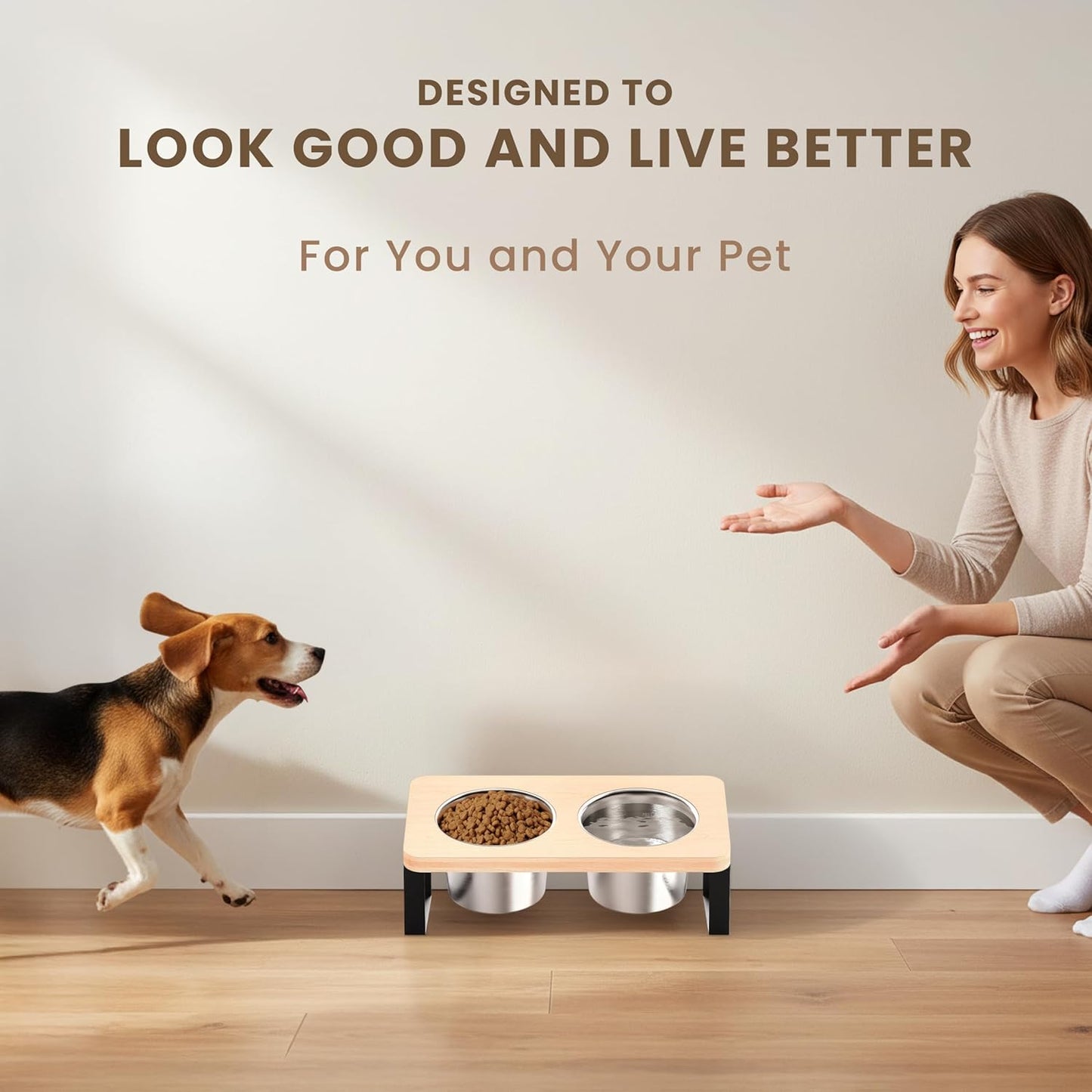 4.7" Tall Elevated Dog Bowls - Ergonomic Stainless Steel Dog Bowls with 10° Tilt in Bamboo Wood Stand for Puppies, Small, and Short-Legged Breed