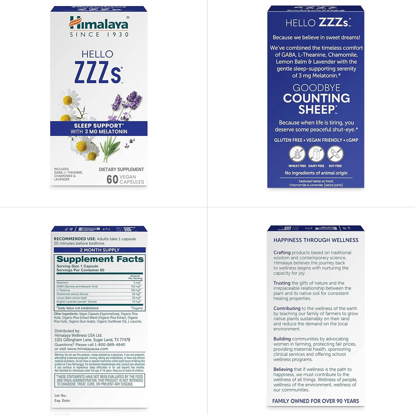 Himalaya Hello ZZZs, 60 Day Supply - Herbal Sleep Supplement with Melatonin, GABA, L-Theanine, Lavender, Chamomile and Lemon Balm - Vegan, Non-GMO, Gluten Free, 60 Capsules