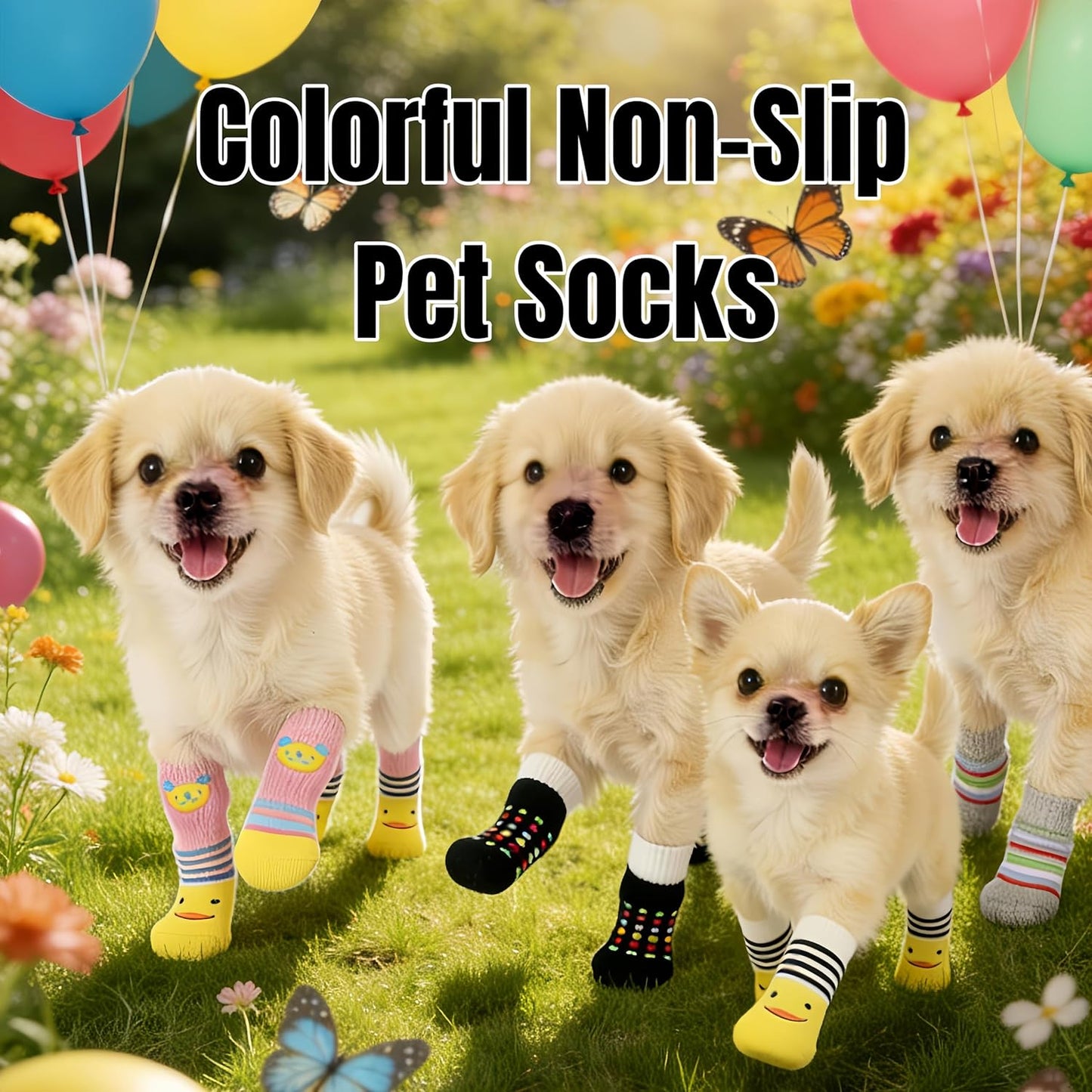 Comfortable Anti-Slip Pet Socks, Pet Foot Covers (4 Pcs) for Cats & Dogs, Breathable Cute Pet Paw Protectors for Indoor & Outdoor Use(Grey-Stripes, M)