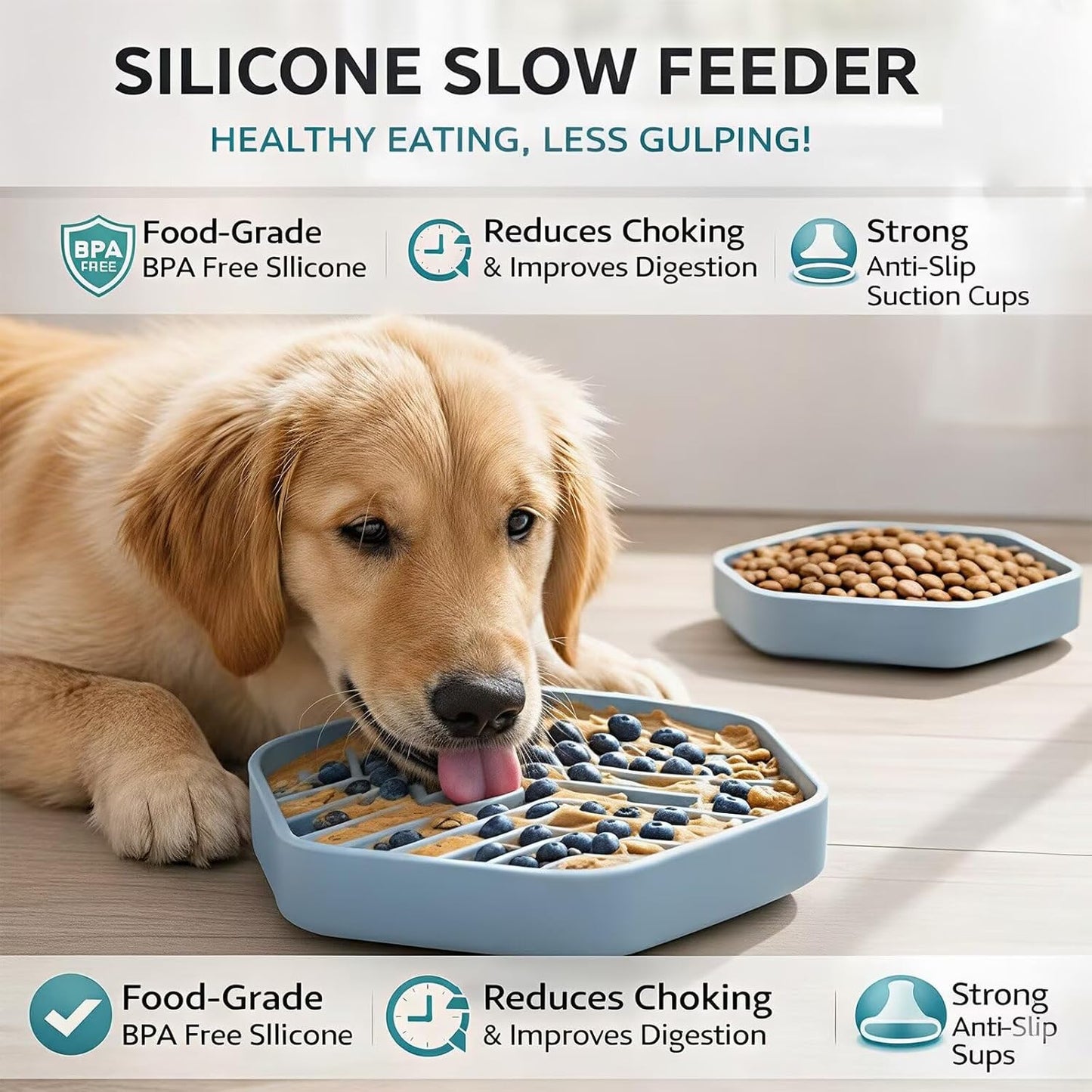 Silicone Slow Feeder Bowl for Dogs & Cats, Puzzle Lick Mat Design, Anti-Slip Suction Base, Helps Slow Eating & Enrichment, Easy to Clean, BPA-Free
