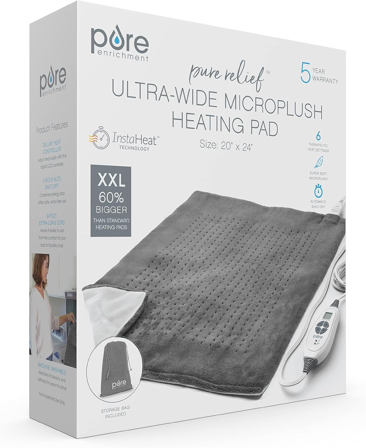 Pure Enrichment PureRelief Ultra-Wide Microplush Heating Pad - 20” x 24” XXL Size & 6 Heat Settings for Temporary Neck, Shoulder & Back Pain Relief - Moist Heat Option & Machine Washable (Gray)