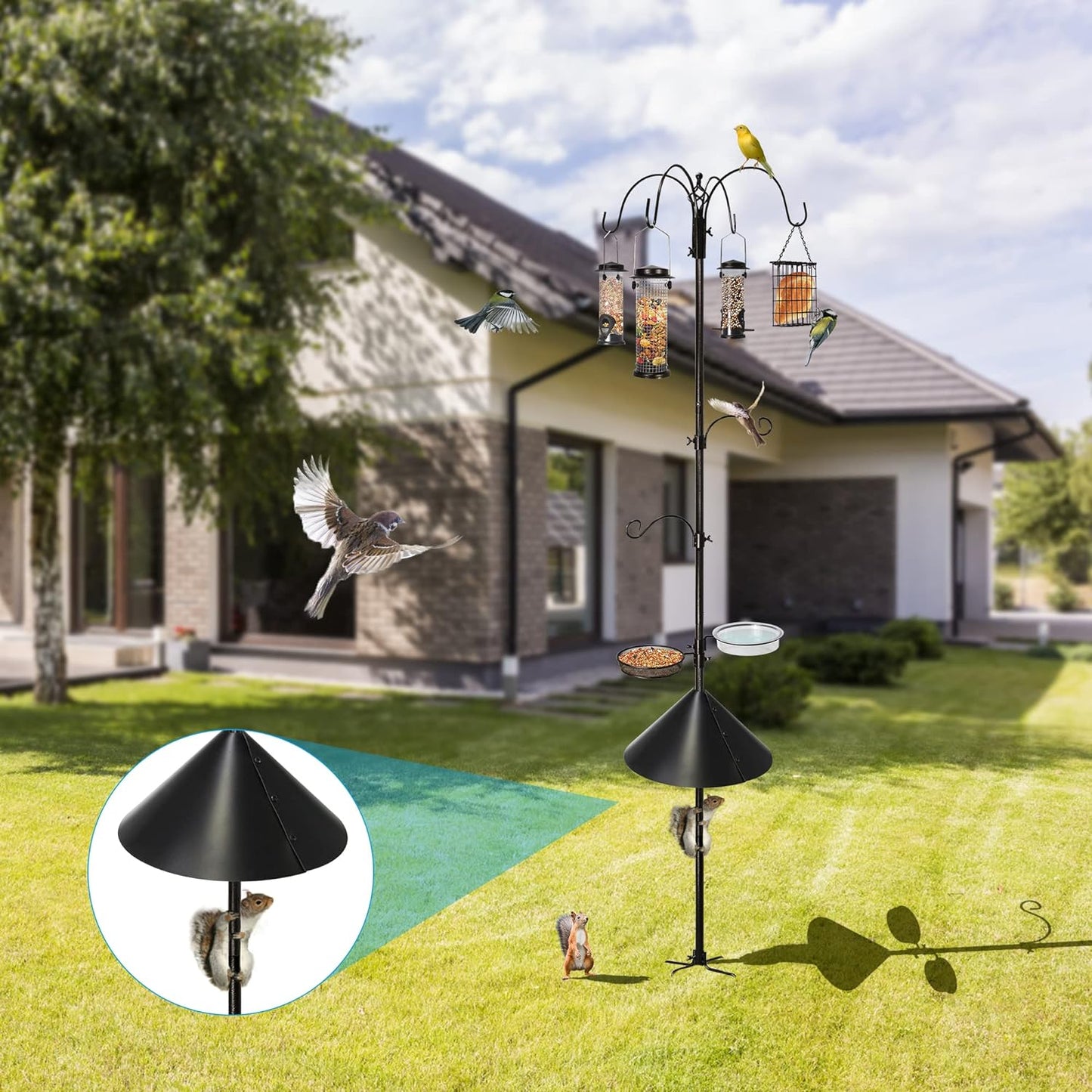 6-Hook Bird Feeding Station, Steel Multi-Feeder Kit Stand for Attracting Wild Birds w/ 4 Bird Feeders, Bird Bath, Mesh Tray and Squirrel Guard Baffle,94 Inch