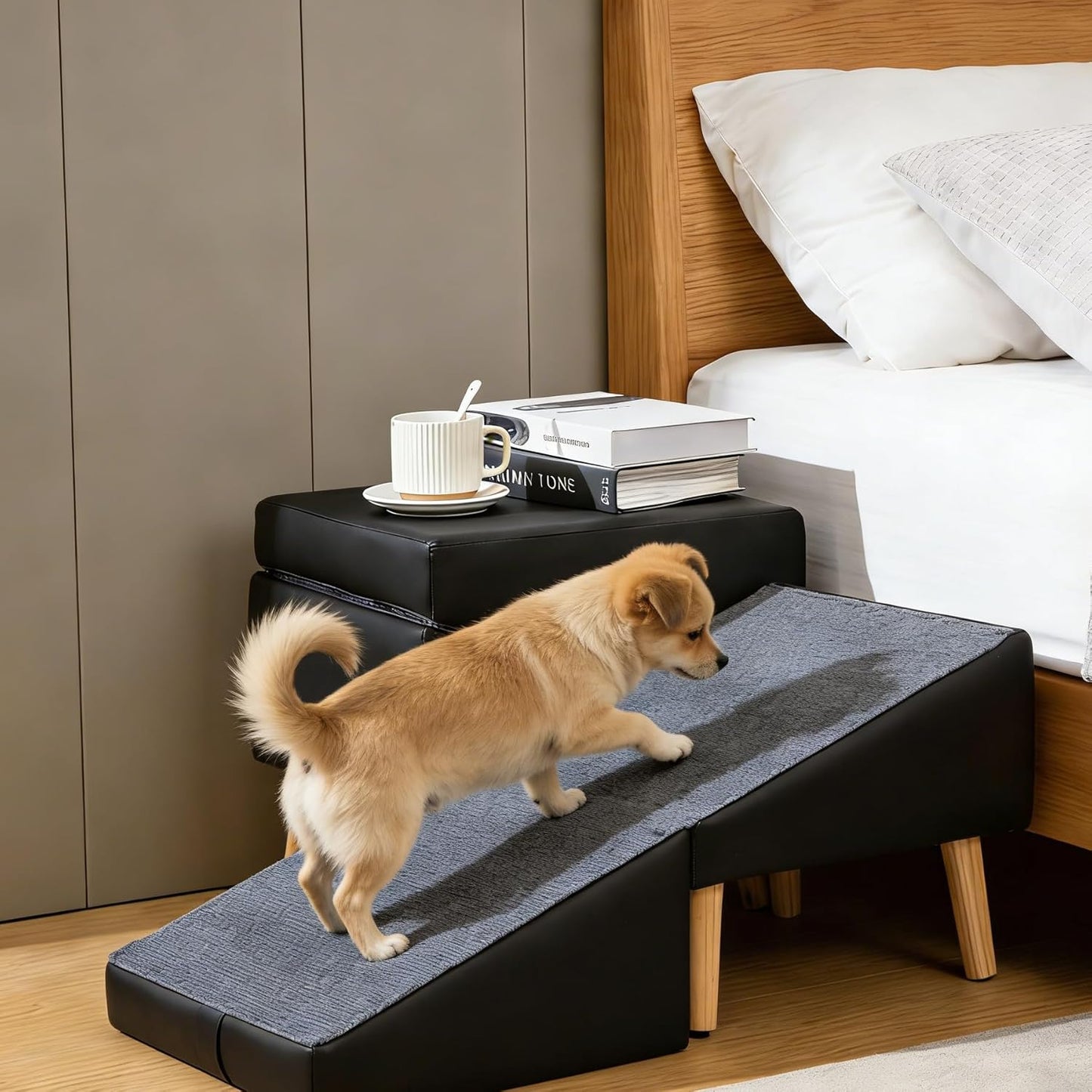 Foldable Dog Ramp Split Ottoman Outdoor seat footrest Stool Couch Sofa Furniture Car SUV RV Side Door, Small Medium Senior Injured cat Step Stair to Porch, Large Steady pet ramp (Light Grey, Large)