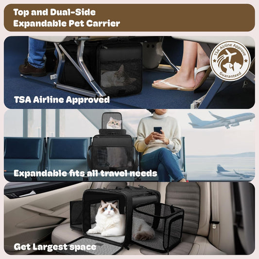 Top and 2 Sides Expandable Pet Carrier 17x11x9.5, TSA Airline Approved Small Dog Carriers for Small Dogs, Soft-Sided Cat Carrier with Self-Locking Zippers for Kitten,Rabbit, Puppy, Guinea Pig Black