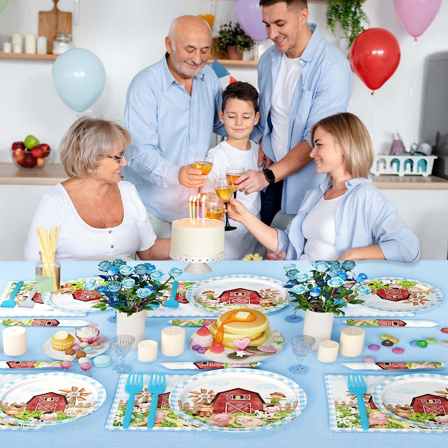 Farm Birthday Party Supplies for Boys Tableware Set, Farm Birthday Decorations, Farm Animal Birthday DΓ©cor Boy, Blue Farm Animal Themed Plates Napkins Forks, Serves 24 Guests