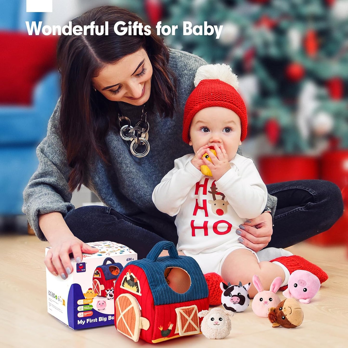 hahaland Baby Toys 6-12 Months - Surprise Barn Stuffed Farm Animals, Rattle, Crinkle, Mirror, Montessori Toys for 6 Month Old Sensory Balls 1-3 Plush Toy Girl Boy Gifts Baby Easter Basket Stuffers