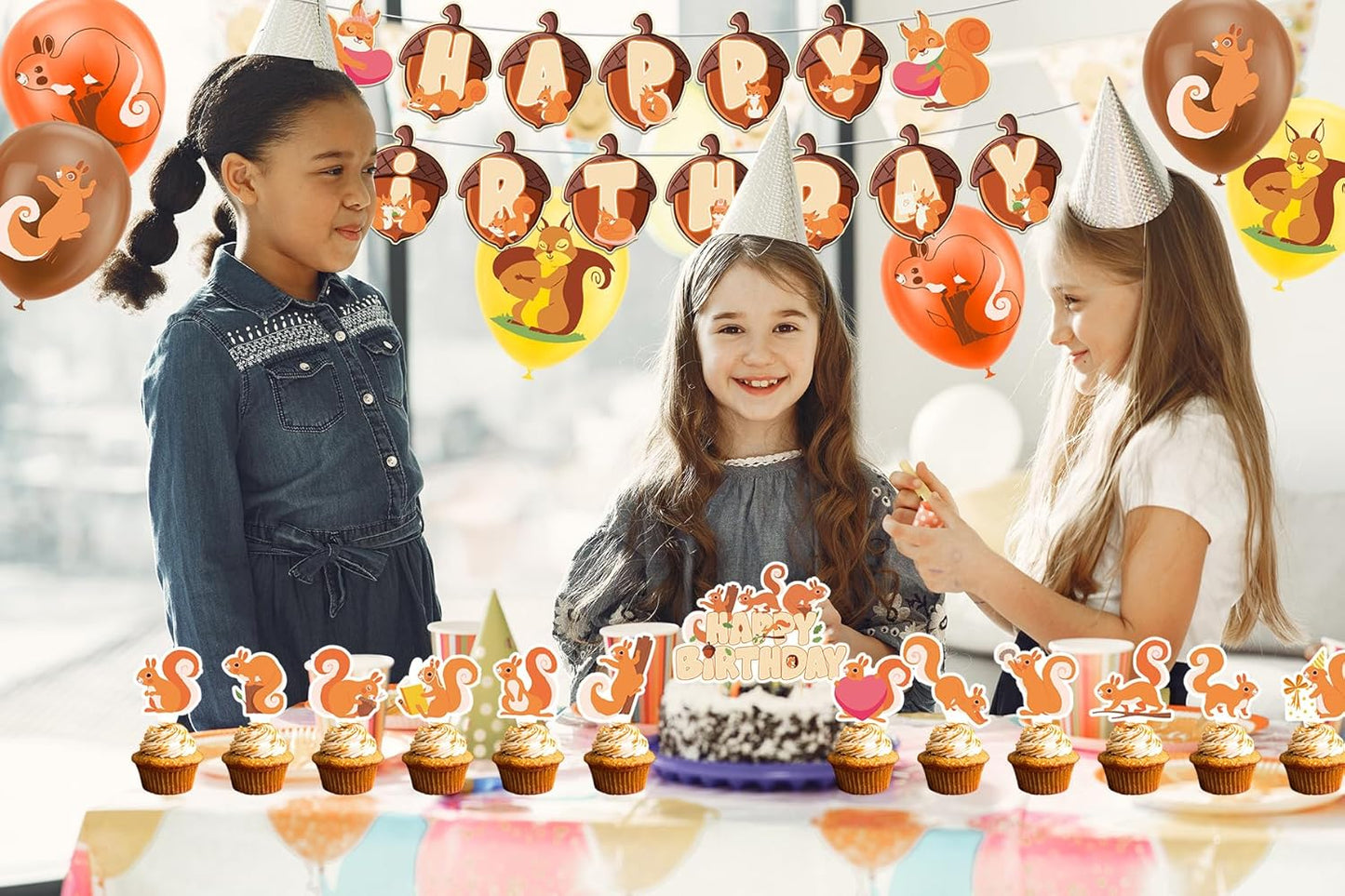 Woodland Animals Squirrel Party Supplies - Includes Squirrel Birthday Banner, Cake Topper, Cupcake Toppers & Balloons for Zoo Animals Themed Party