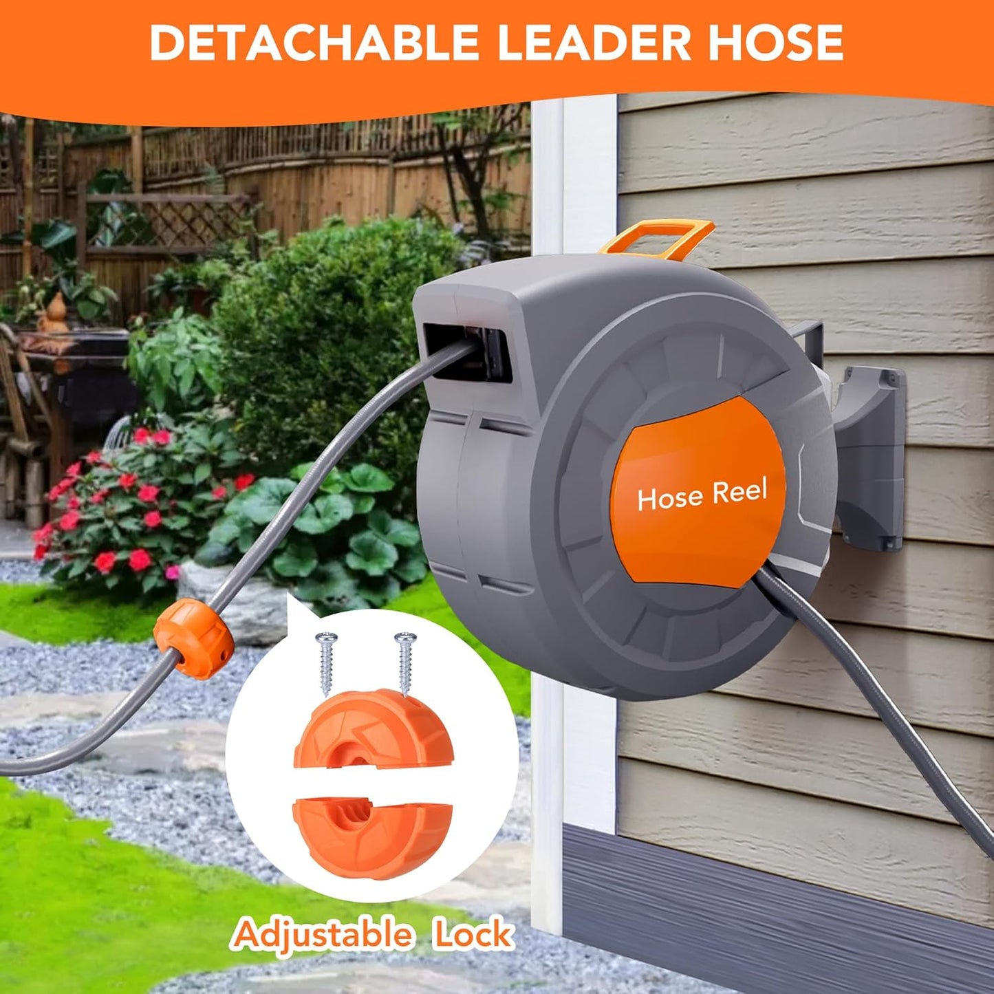 GAOMON Retractable Garden Hose Reel - 1/2 in x 100 ft, Wall Mounted, 9-Function Sprayer, Any Length Lock, 180° Swivel, Automatic Rewind & Slow Return System