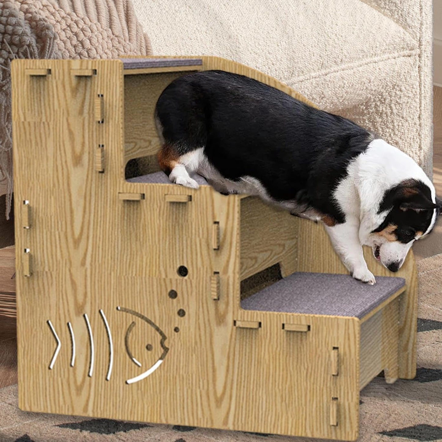 High Beds Dog Stairs - 3-Step Wooden Pet Stair Ramp, 18x12x12 inches Non-Slip Indoor Ramp for Dogs & Cats, Wood + Anti-Skid, Small Dog Staircase for Beds, Sofas, Couch