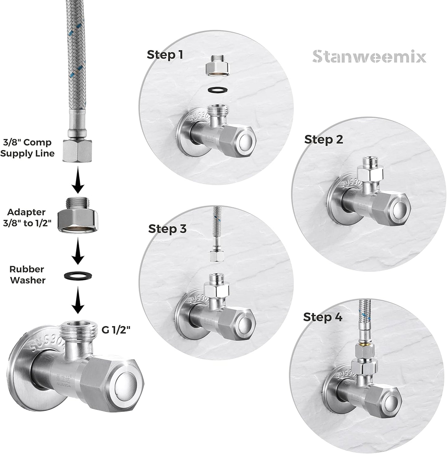 Water Line Adapter, 4 PCS Pipe Fittings in 1/2" Female to 3/8" Male Reducer Adapter, Compression Fitting for Kitchen Bathroom Faucet Supply Hose, Stop Valve Pipe Connector With Rubber Washer