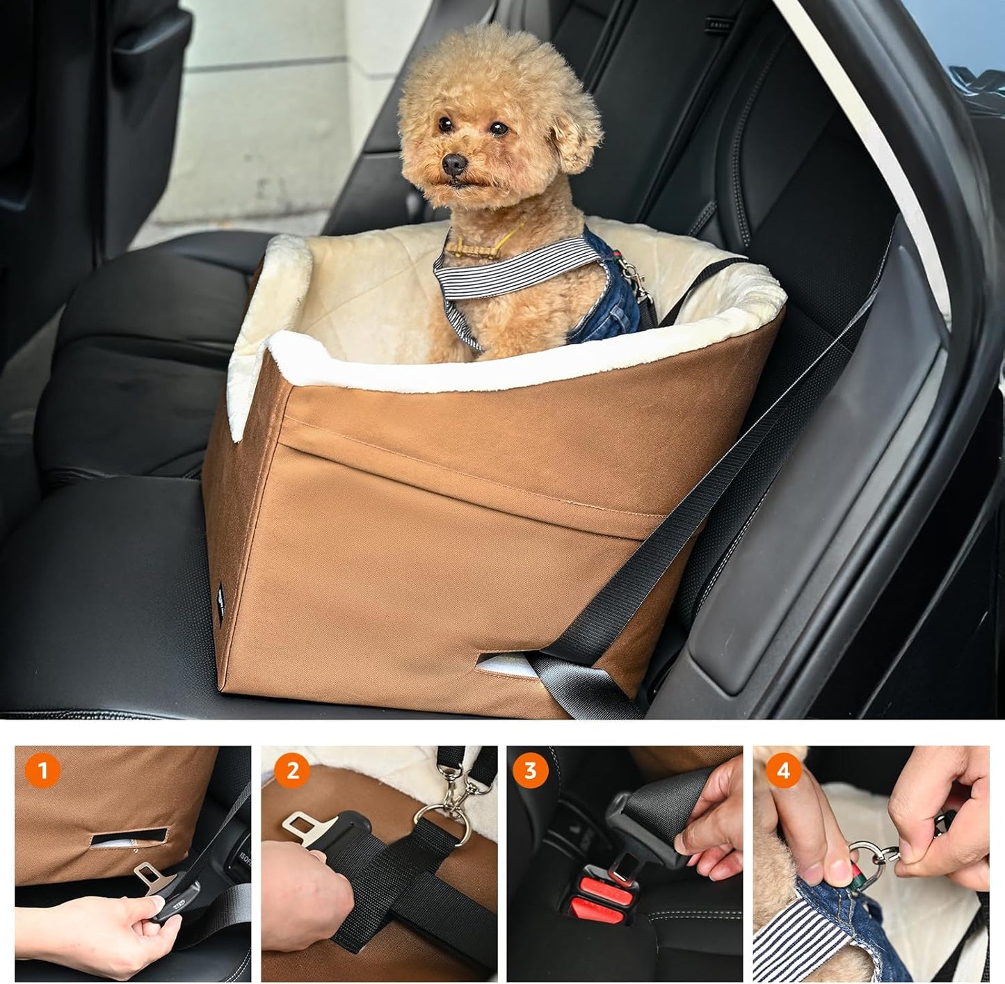 Amazon Basics Dog Car Seat Booster for Small Dogs up to 25lbs, Washable Removable Cover, Safety Leash, Elevated View for Window, 18" x 18" x 16", Tan