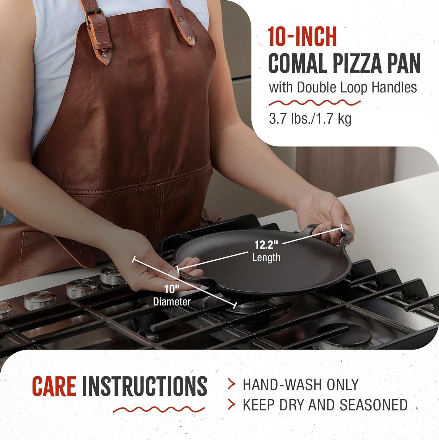 Victoria 10-Inch Cast Iron Comal Pizza Pan with 2 Side Handles, Preseasoned with Flaxseed Oil, Made in Colombia, Black