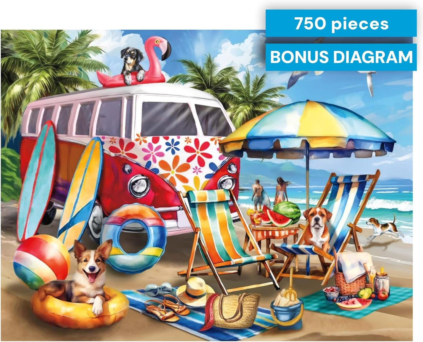 Buffalo Games – Dog Days of Summer by Tom Wood 750 Piece Jigsaw Puzzle for Adults – Precision-Cut Pieces, Beautiful Artwork, and Hours of Relaxing Fun - Relaxing Beach Day with The Family Pet