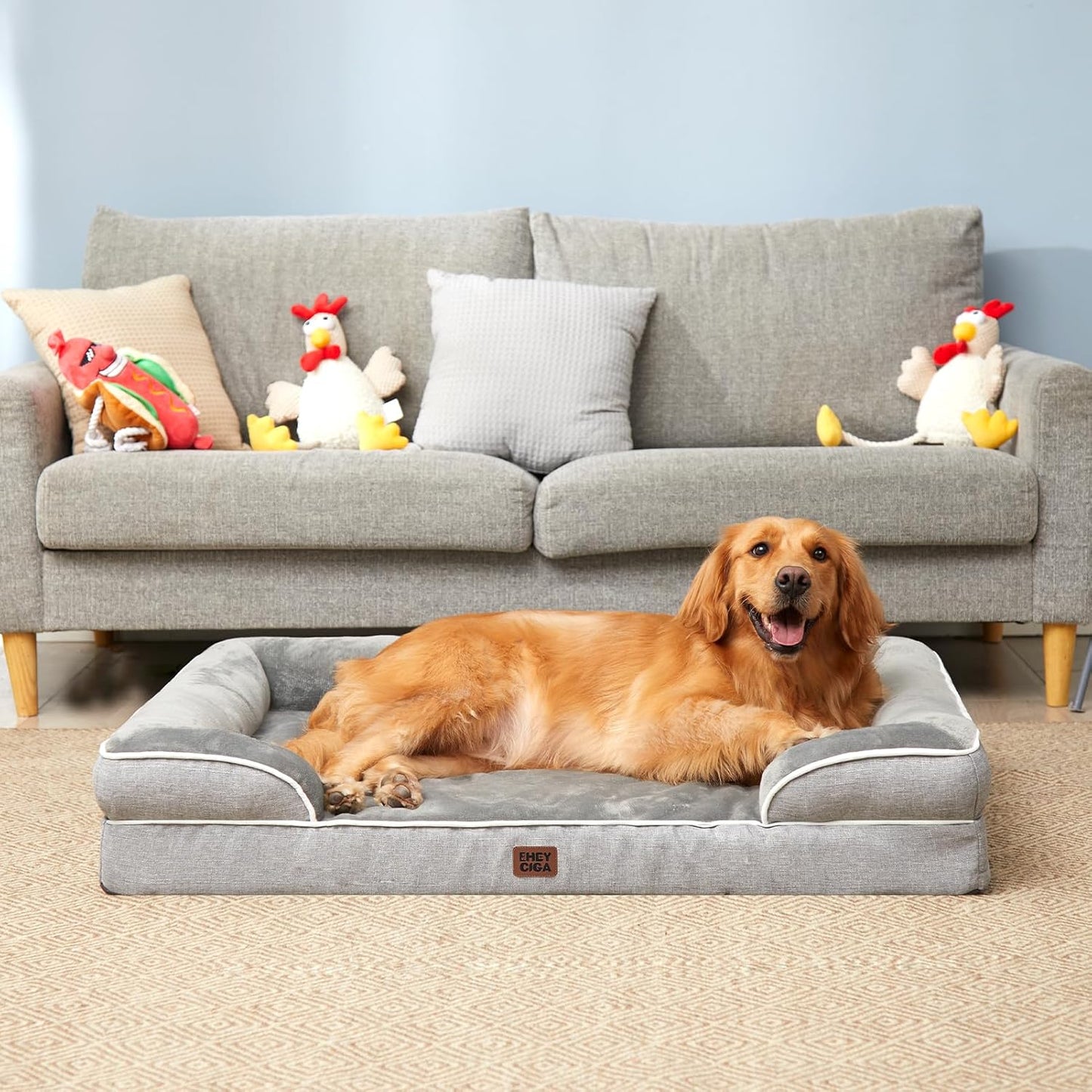 EHEYCIGA Orthopedic XL Dog Beds, Waterproof Memory Foam Dog Bed for Extra Large Dogs, Non-Slip Bottom and Egg-Crate Foam Big Pet Couch Bed with Washable Removable Cover, Grey