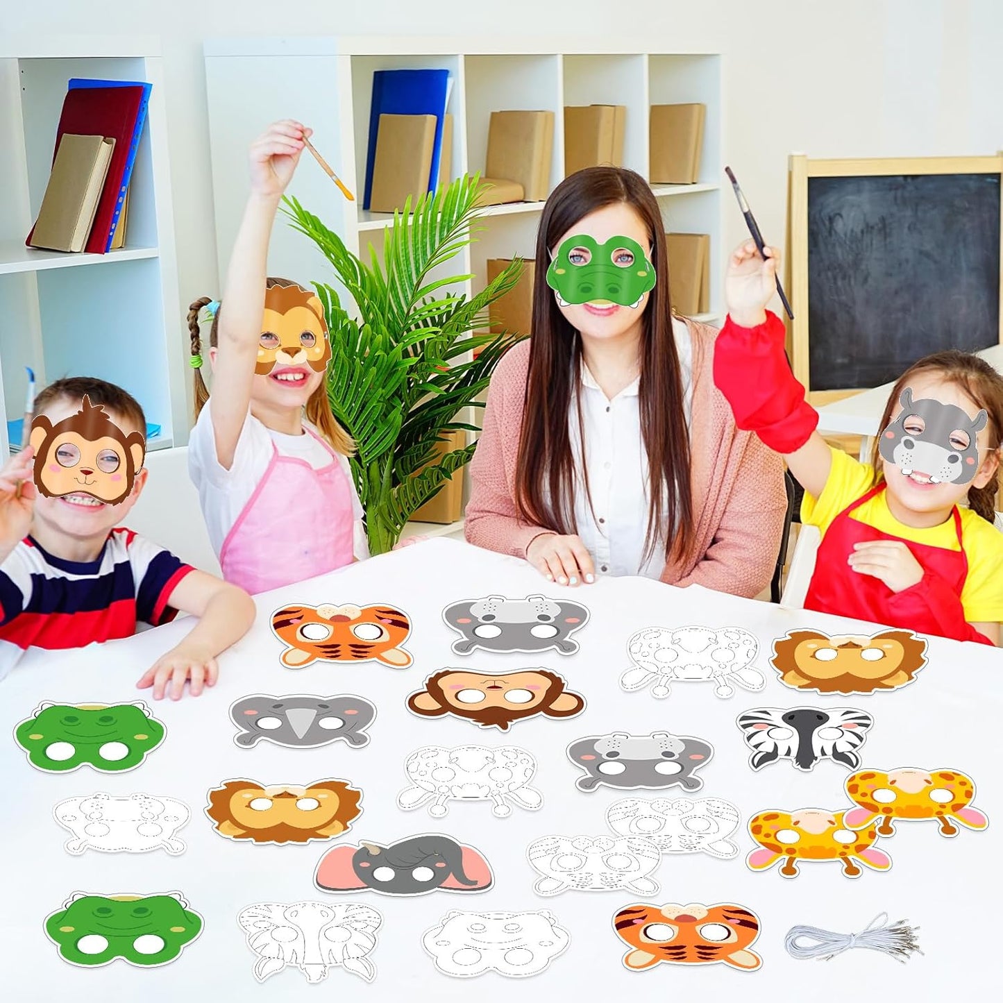 63Pcs Color Your Own Animal Masks Crafts for Kids DIY Paper Blank Jungle Animal Party Favors Lion Tiger Monkey Masks Making Kits with Ropes for School Class Activities Birthday Party Supplies