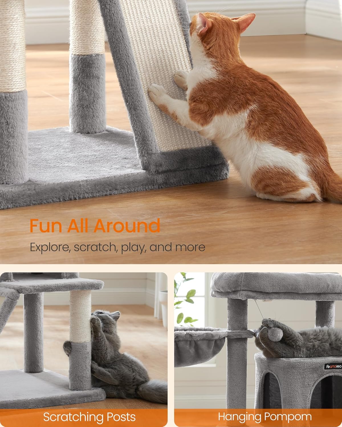 Feandrea Cat Tree, 37.8-Inch Cat Tower, Multi-Level Condo with Widened Perch, Scratching Posts and Ramp, 2-Door Cave, Hammock, Light Gray UPCT51W