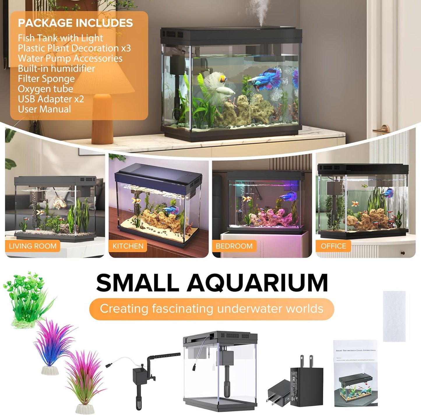 Fish Tank, 2.4 Gallon Fish Aquarium, Fish Tank Starter kit with Smart Humidifier, Temperature Display, 7-Color Lighting, 3 in 1 Quiet Pump with Filteration & Oxygenation & Circulation
