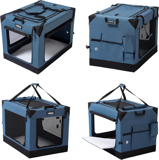 EliteField 4-Door Folding Soft Dog Crate (2-Year Warranty) with Aluminum Frame, Top Curtain, Carrying Bag, and Fleece Bed, Indoor & Outdoor Pet Home (30" L x 21" W x 22" H, Blue Gray)