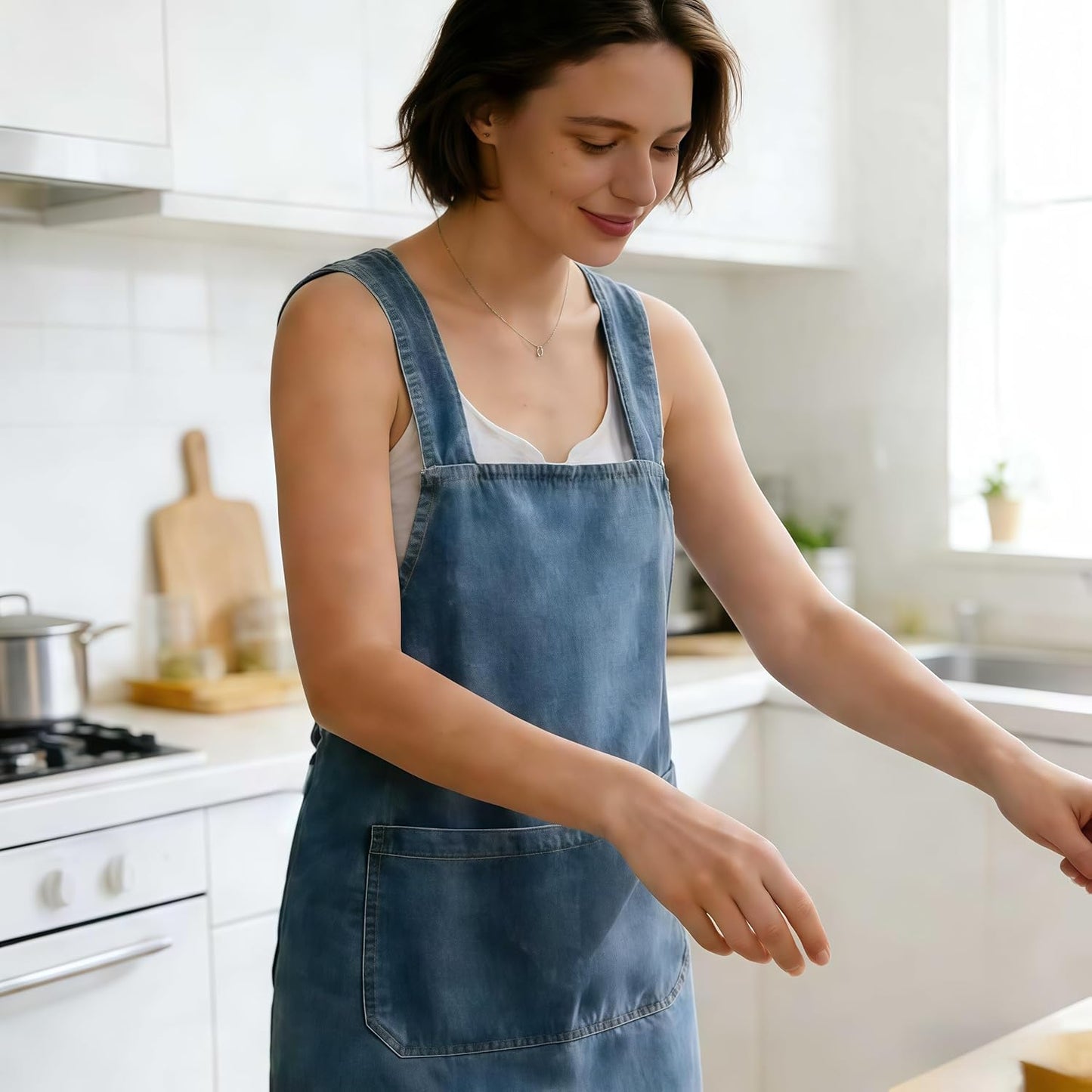 Denim Work Apron with Pockets, No-Tie Slip-On Design, Durable Breathable Soft Jean Fabric, Barista Apron for Men Women, Coffee Shop, Kitchen Cooking, BBQ, Gardening, Craft, Workshop Utility Apron