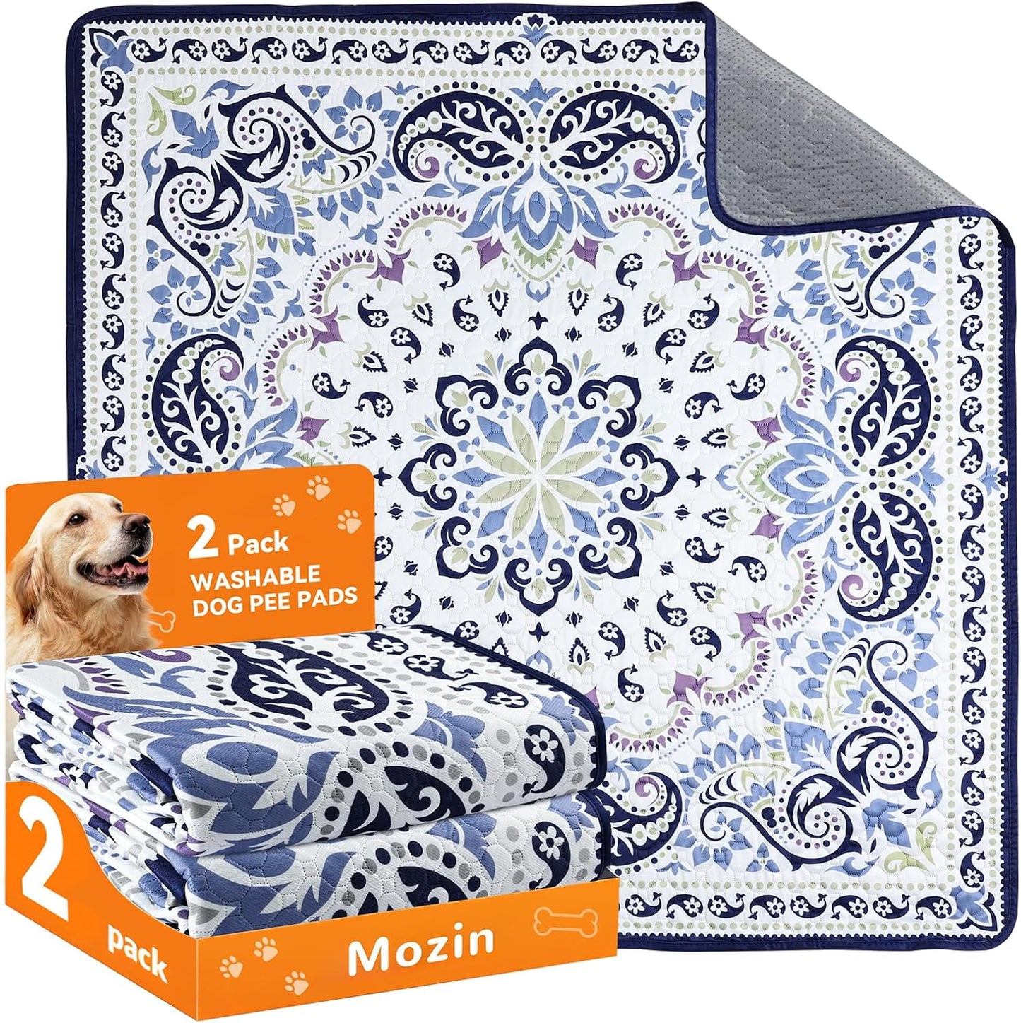 Mozin Washable Pee Pads for Dogs, 2 Pack Super Absorbent Reusable Puppy Pads Waterproof, Leak-Proof & Non-Slip Whelping Pad for Potty Training, Playpens, Crates, Floors, Beds, and Couches 36"x36"