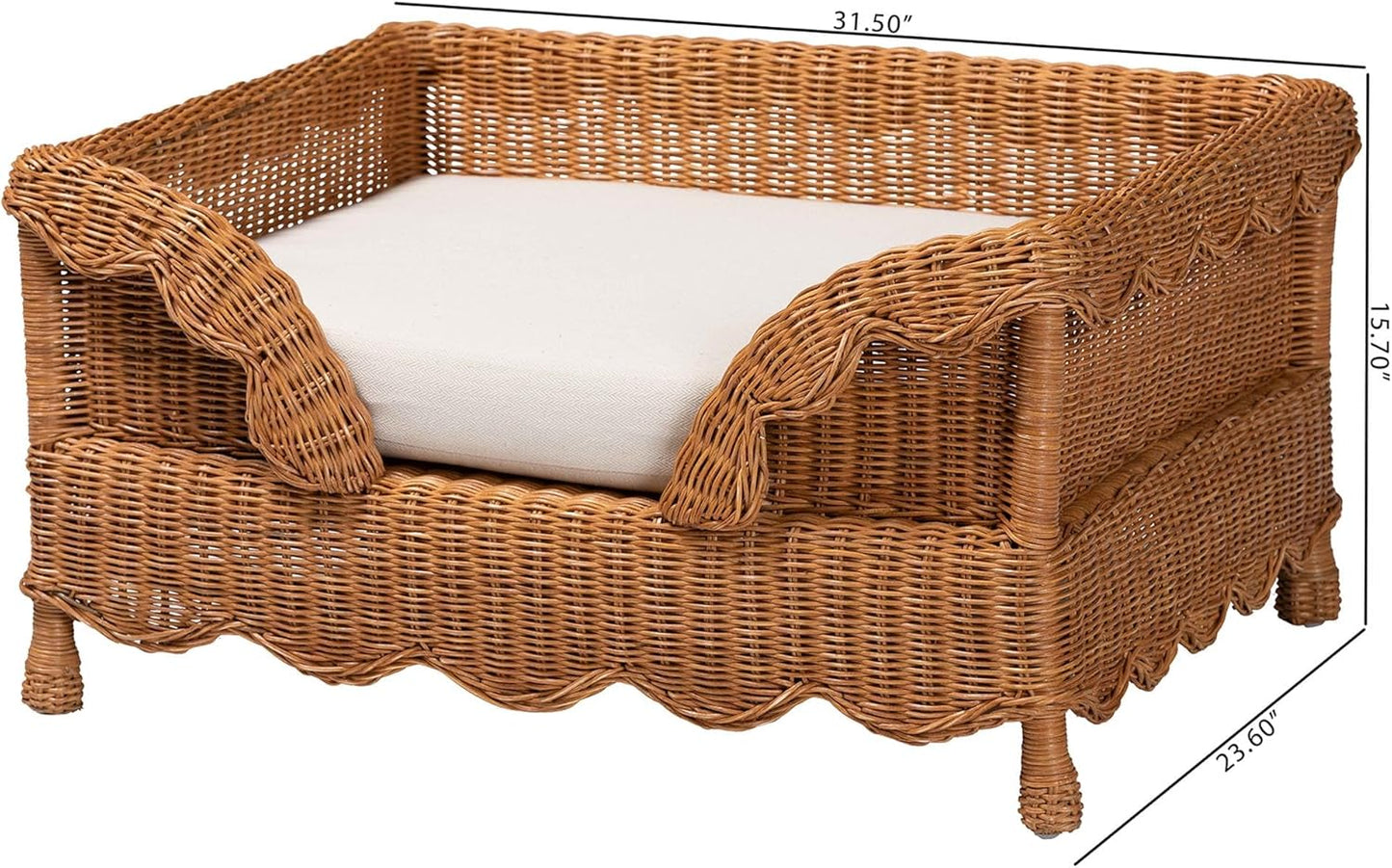 Bali & pari Papina Natural Rattan Pet Bed with Scalloped Sides - Handwoven Wicker Enclosed Lounge Bed for Dogs and Cats with Removable Cushion, 31.5"