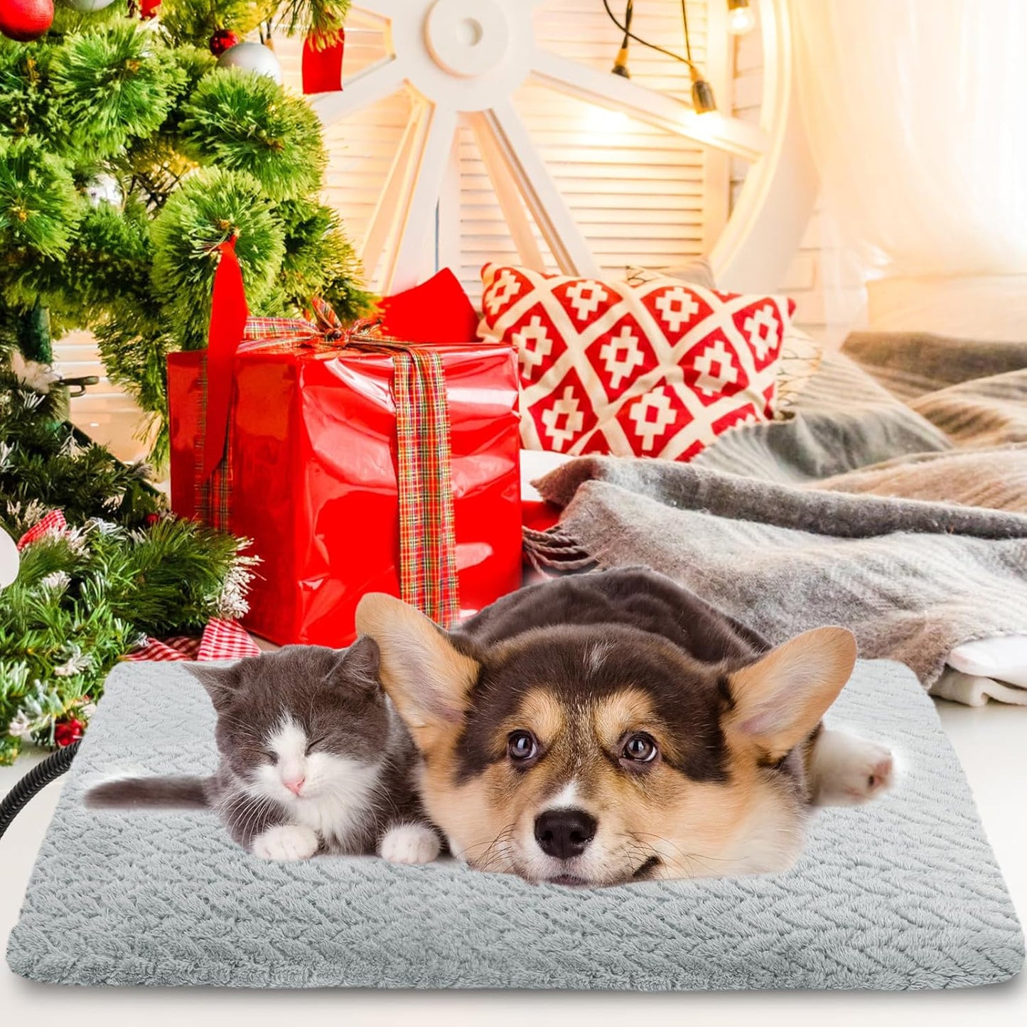 ENJOY PET Pet Heating Pad for Cats Dogs, Heated Dog Bed Indoor Dog Heating Pad with Chew Resistant Steel Cord, 12 Level Timer and Temperature Heated Pet Bed Electric Warming Blanket (28''x18'')