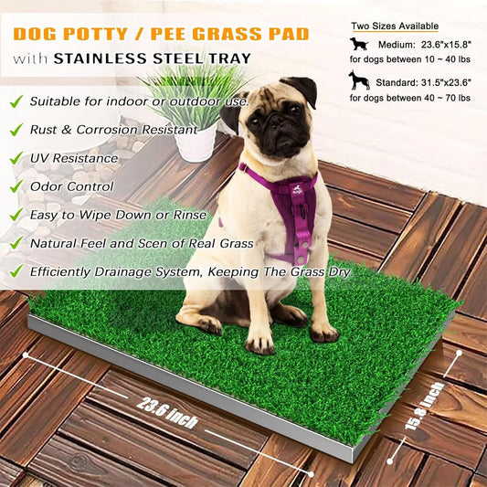 Dog Grass Pad with Tray, Reusable Large Artificial Turf Grass Potty and Puppy Pee Pads for Dogs, Portable Stainless Steel for Indoor/Outdoor Potty Training Toilet (Potty System Size -15.8" X 23.6")