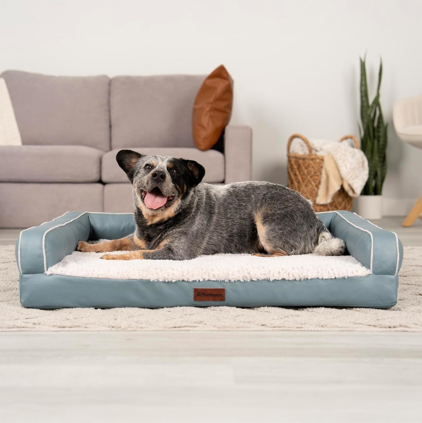 FurHaven Textured Plush & Coated Polyester Solid Core Modern Sofa Pet Bed, Riverway, Large