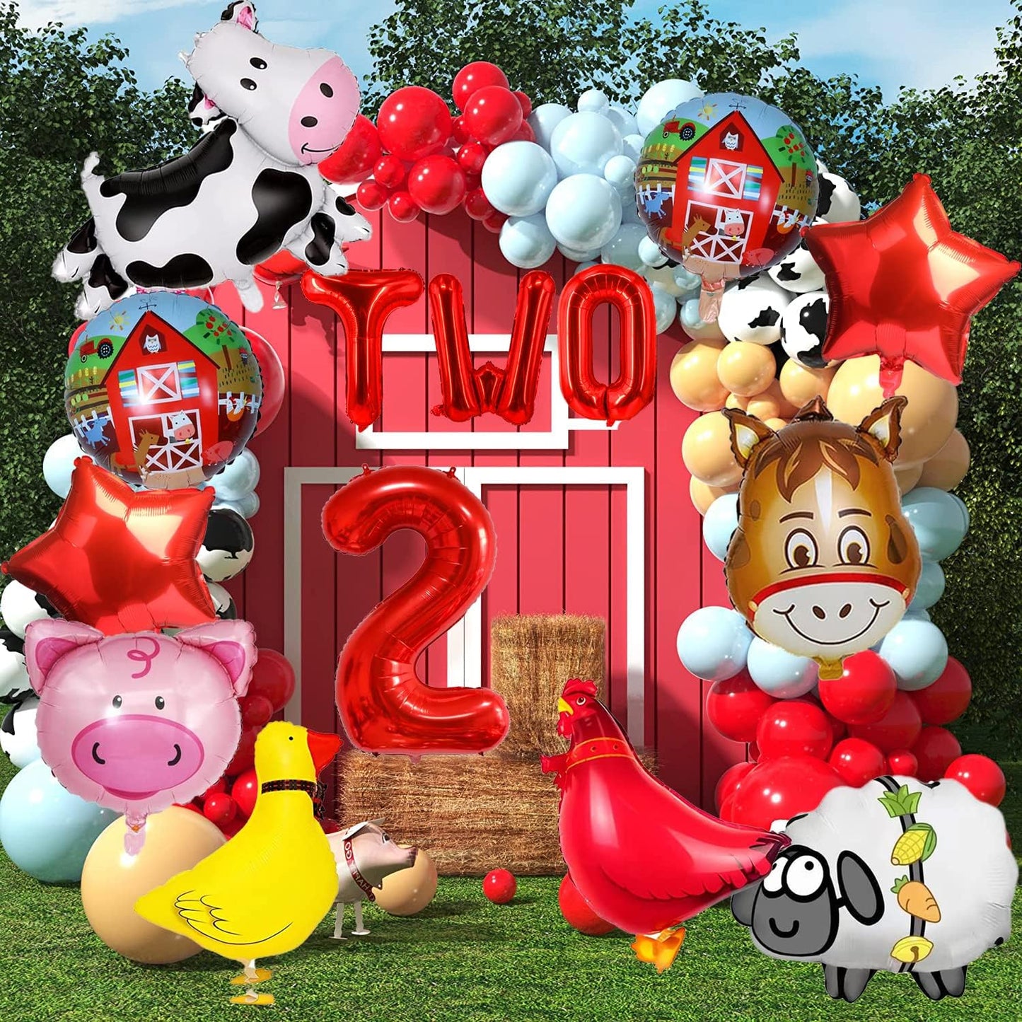 14 PCS Farm Animal Balloons Cow Sheep Duck Rooster Pig Donkey Balloons Barnyard Balloon Supplies with Large Number 2 Foil Balloon for Farm Animal Theme 2nd Birthday Party Decor Supplies